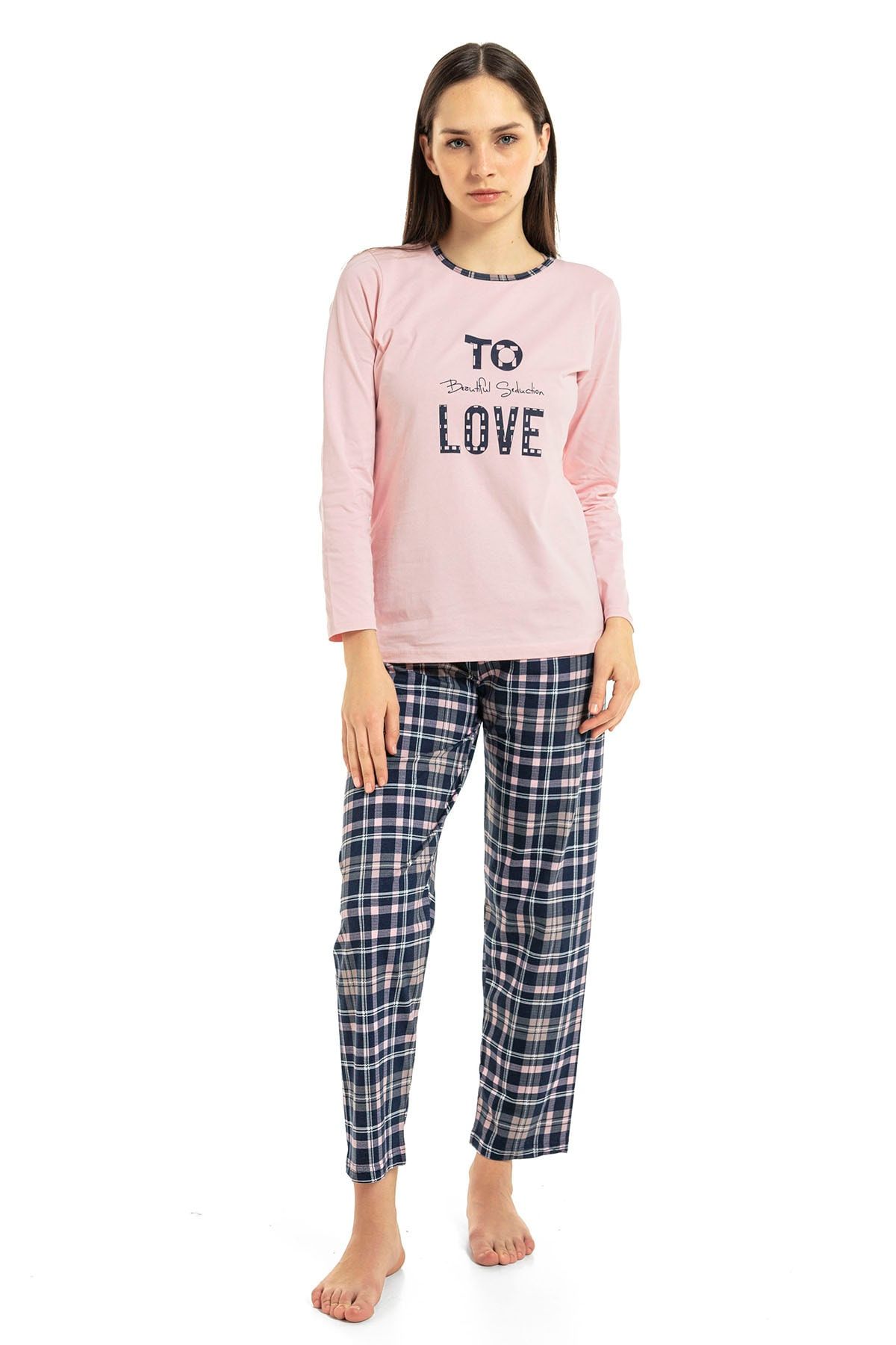 VISHENKA Kadın Love Yazı Baskılı Pamuk Pembe Renk Pijama Takımı