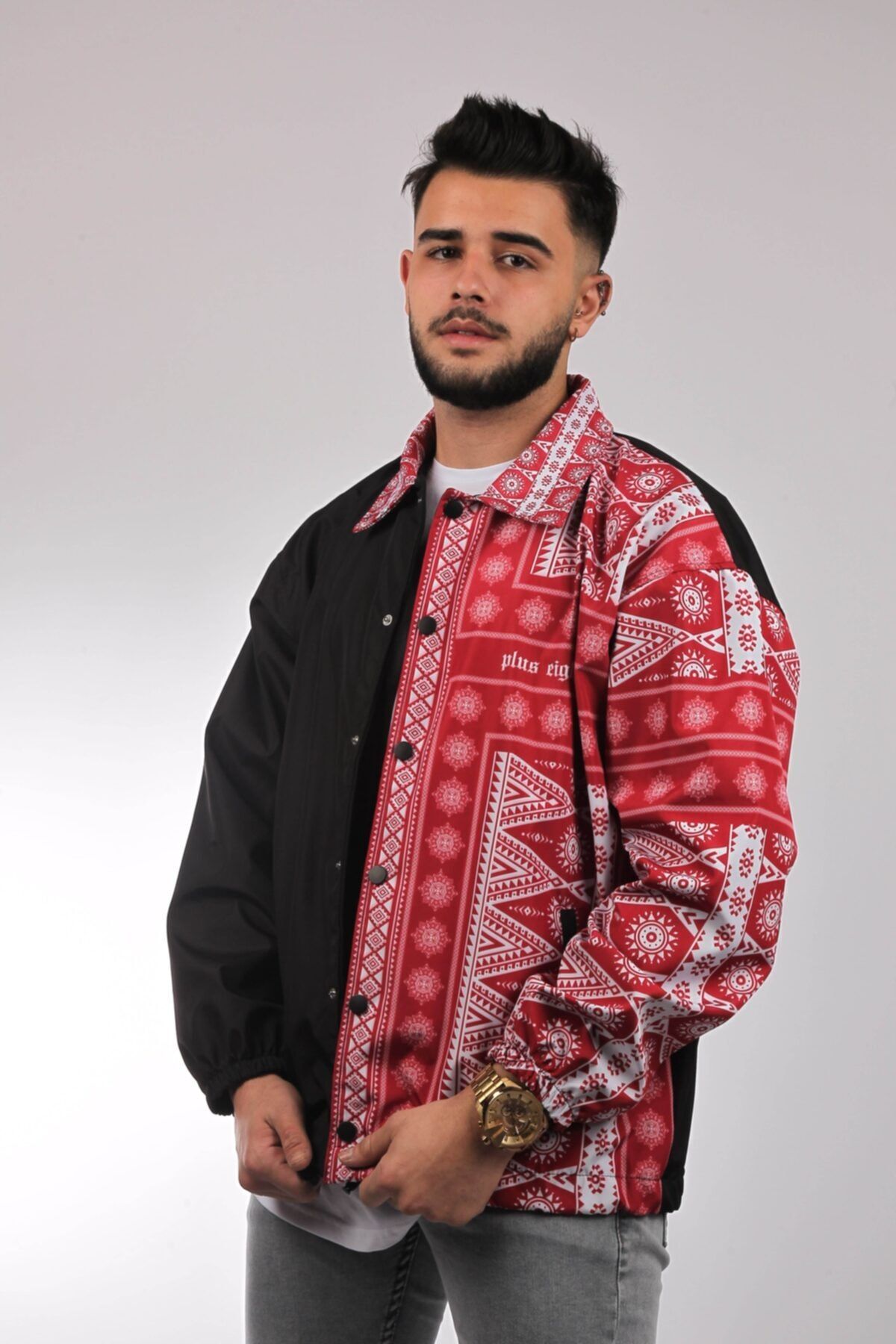 Plus Eighteen Rainwear Ethnic Desing - Kırmızı Siyah Etnik Desen Ceket