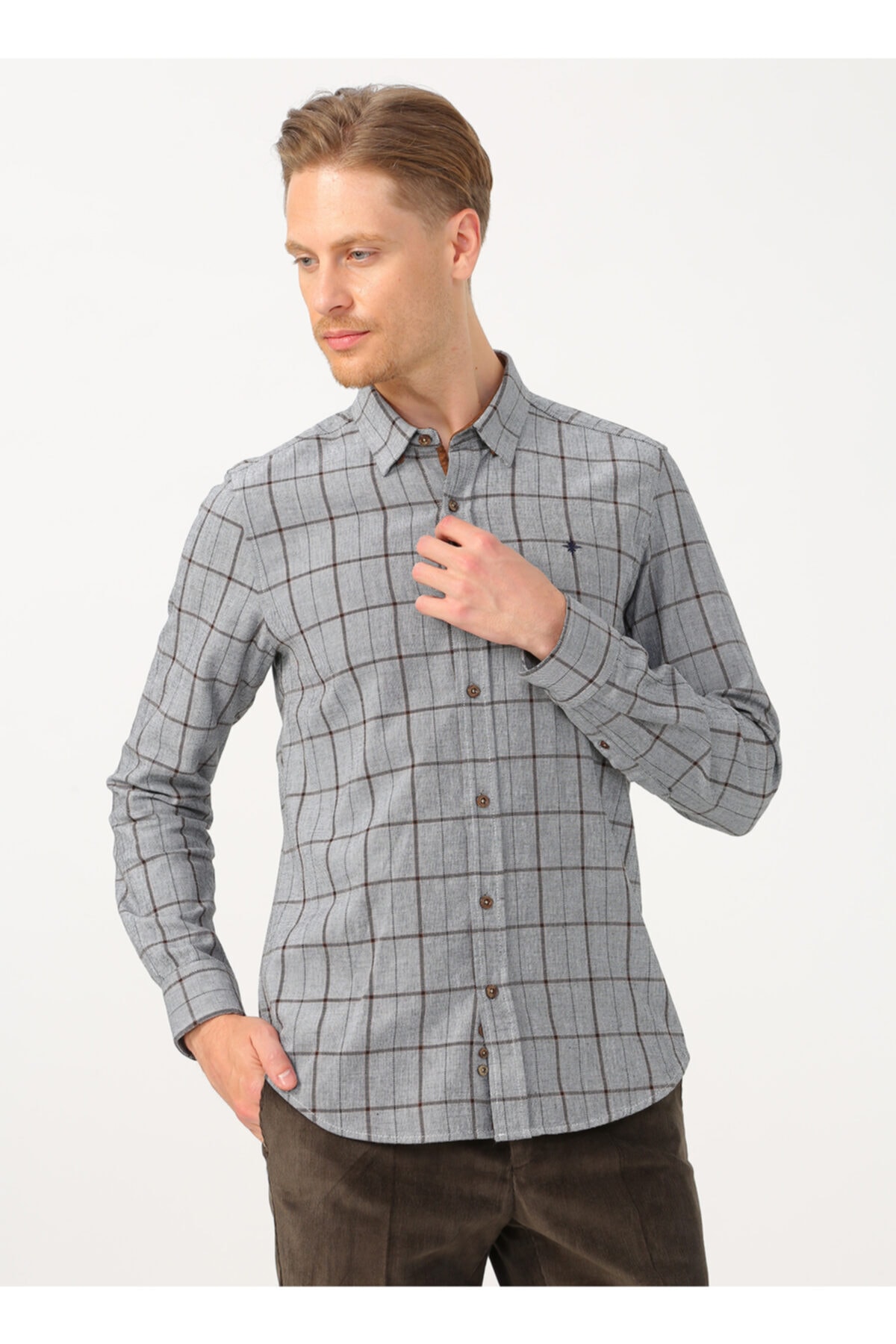 North Of Navy Gömlek Yaka Slim Fit Ekose Kahve Gömlek