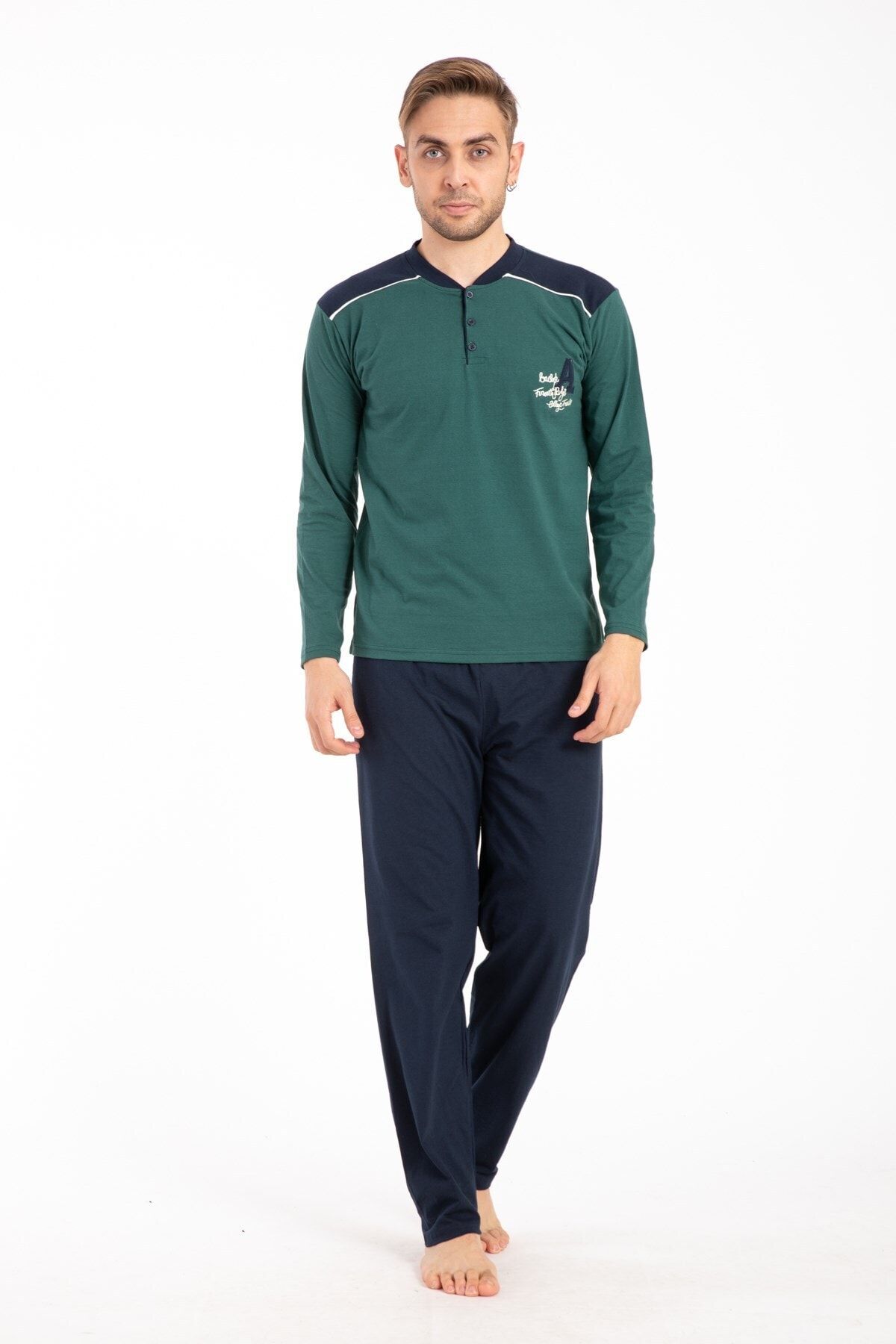 Pemilo Erkek 03 Düğmeli Uzun Kol Pijama Takım Yeşil