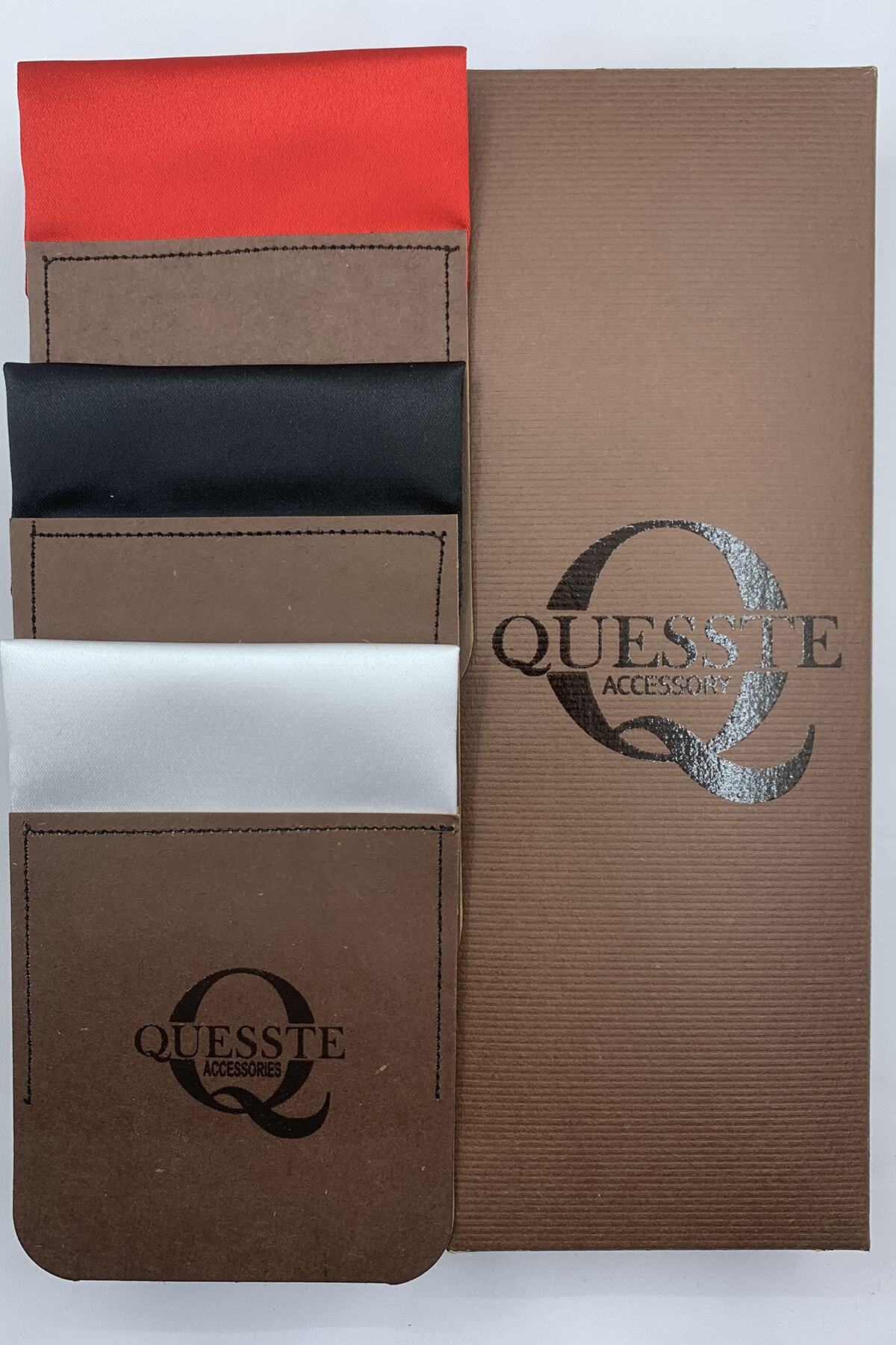 Quesste Accessory Erkek Siyah Beyaz Kırmızı Hazır Katlanmış 3 lü Set Cep Yaka Mendili