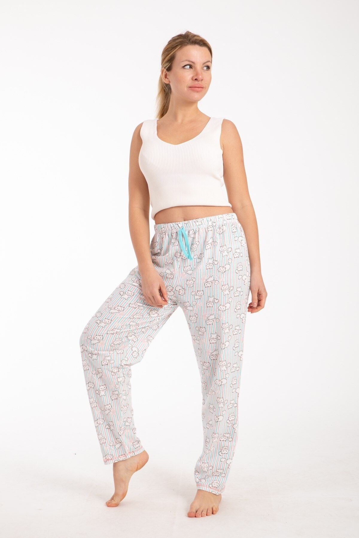 Pemilo Kadın Kedi Desenli Tek Alt Pijama Turkuaz