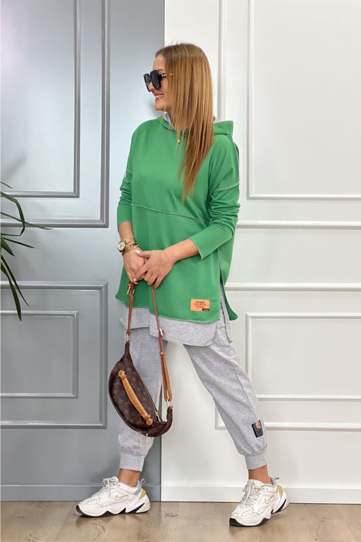 Modagusto Gri-yeşil Kapüşonlu Ikili Takım