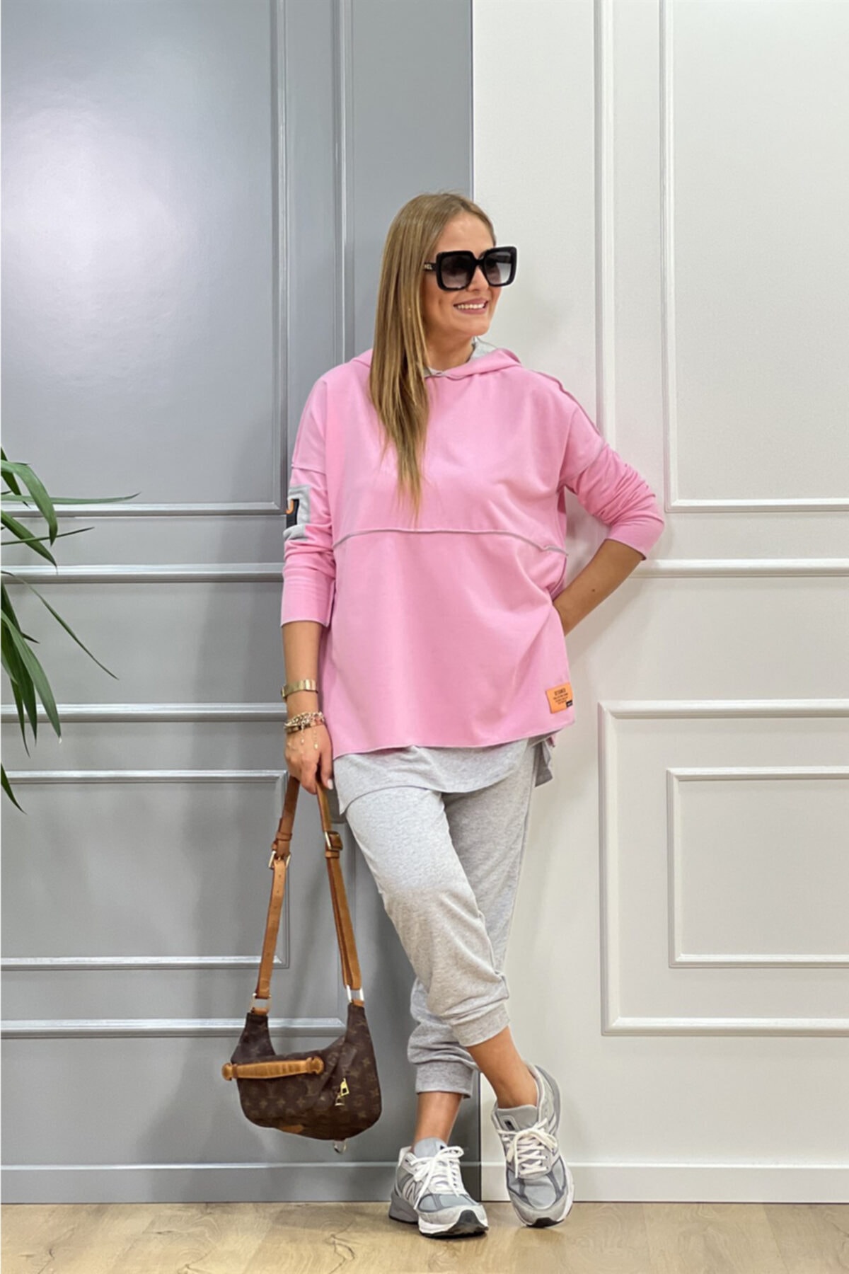 Modagusto Gri-pembe Kapüşonlu Ikili Takım