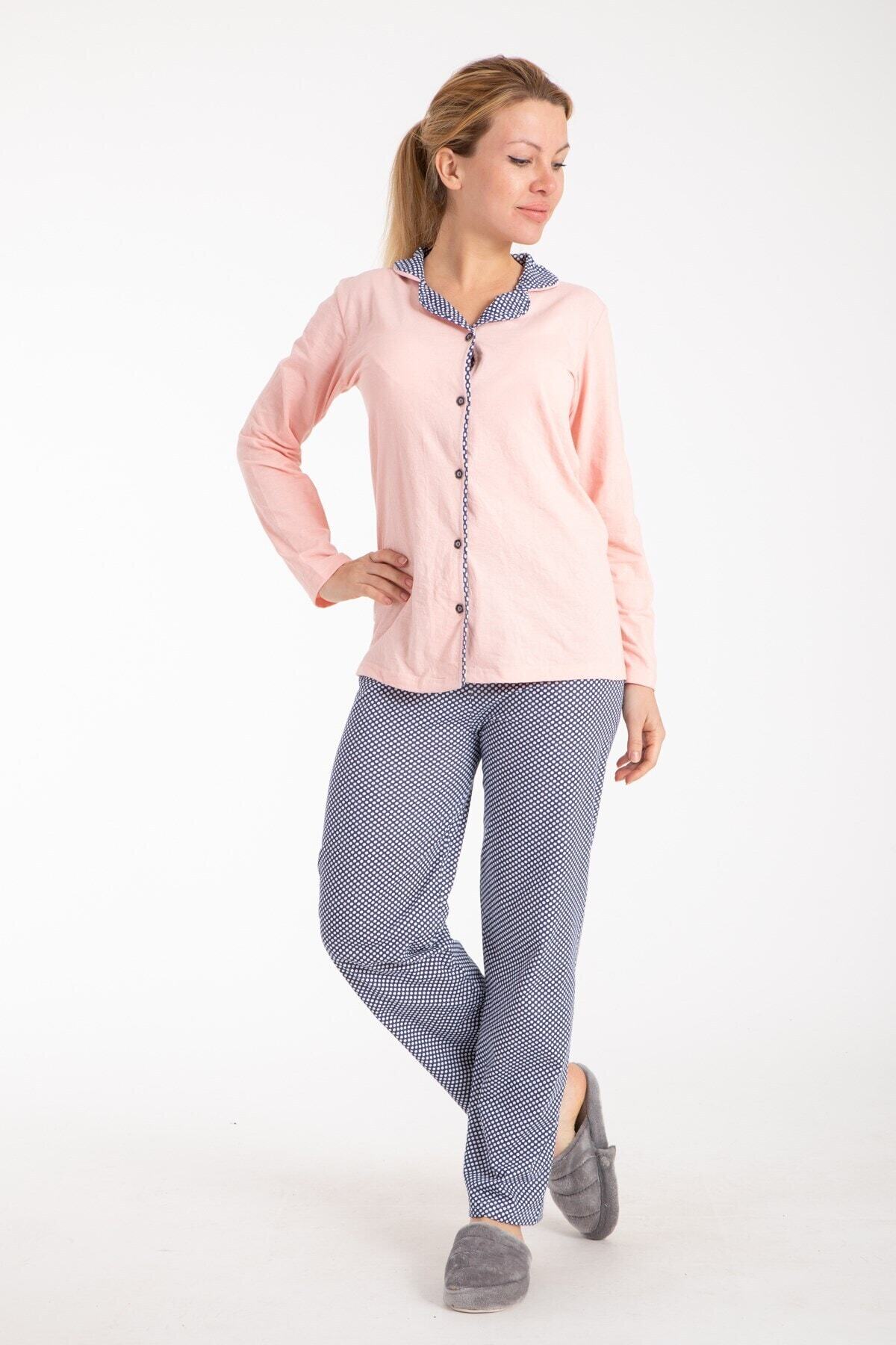 Pemilo Kadın 3023 Puantiyeli Önden Düğmeli Pijama Takım Somon
