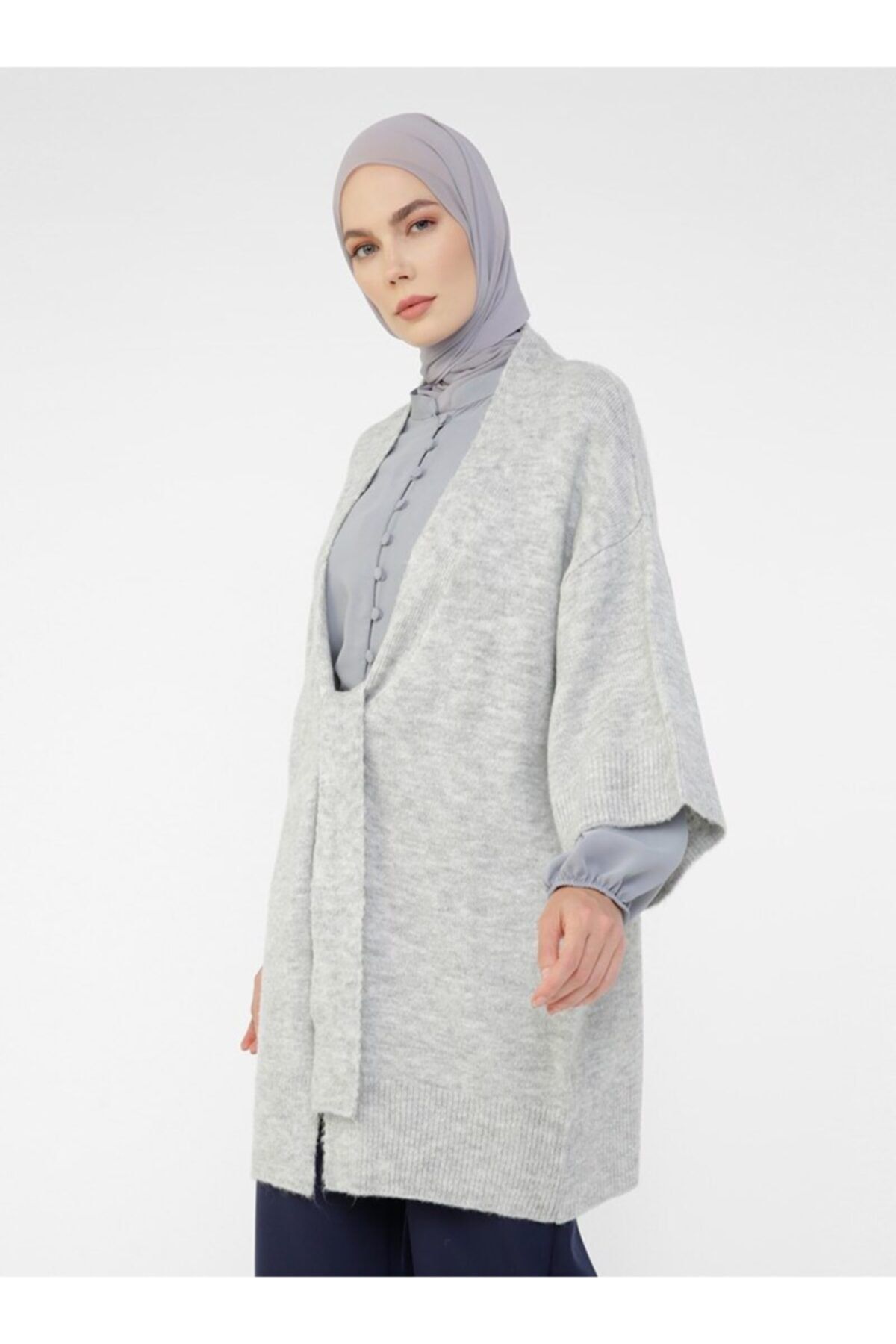 Refka Beli Bağlamalı Triko Hırka - Gri - Woman