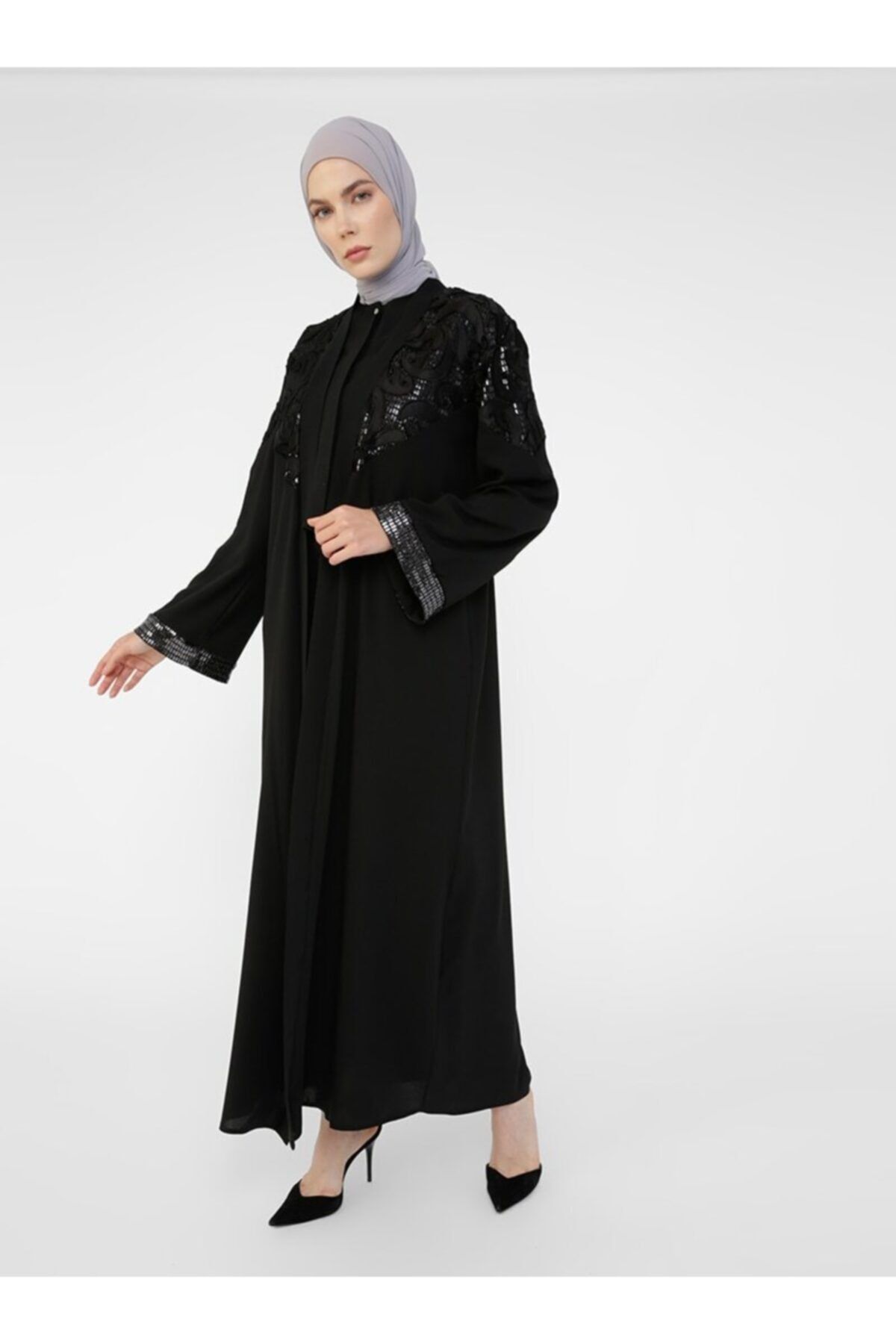 Refka Dantel Ve Payet Detaylı Abiye Ferace - Siyah - Woman