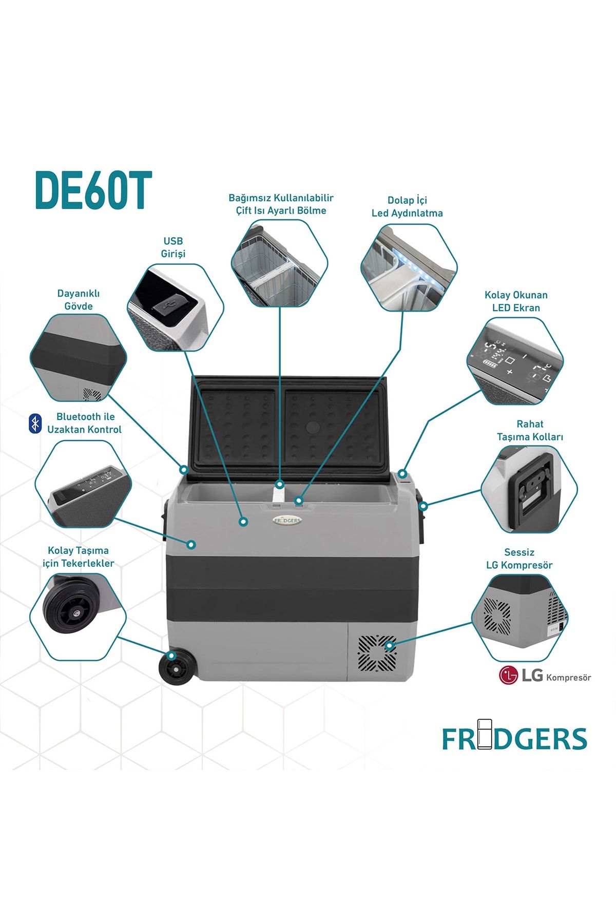 Fridgers 60lt Araç Buzdolabı Lg Kompresör 12/24v Çift Kabin Sıcaklık Ayarı, Tekerli