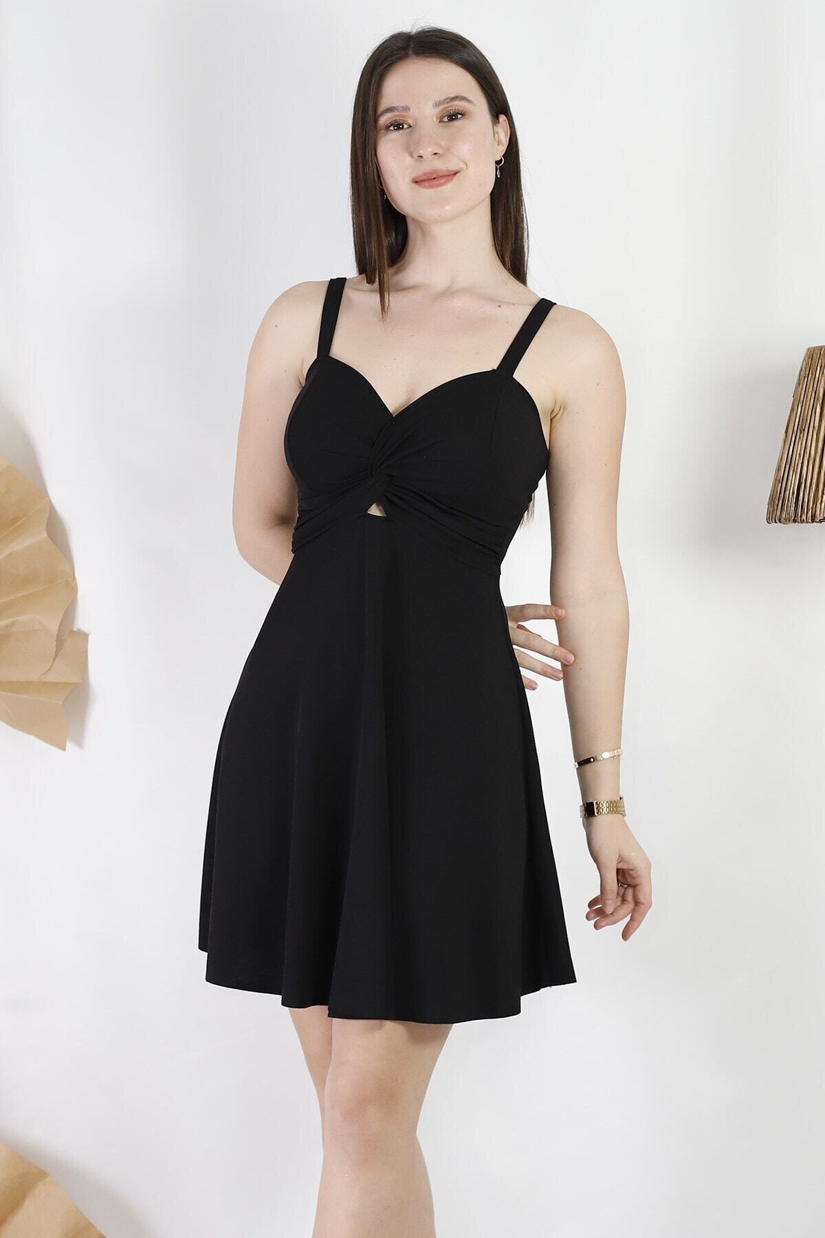 Mekafashion Kadın Siyah Askılı Kloş Elbise