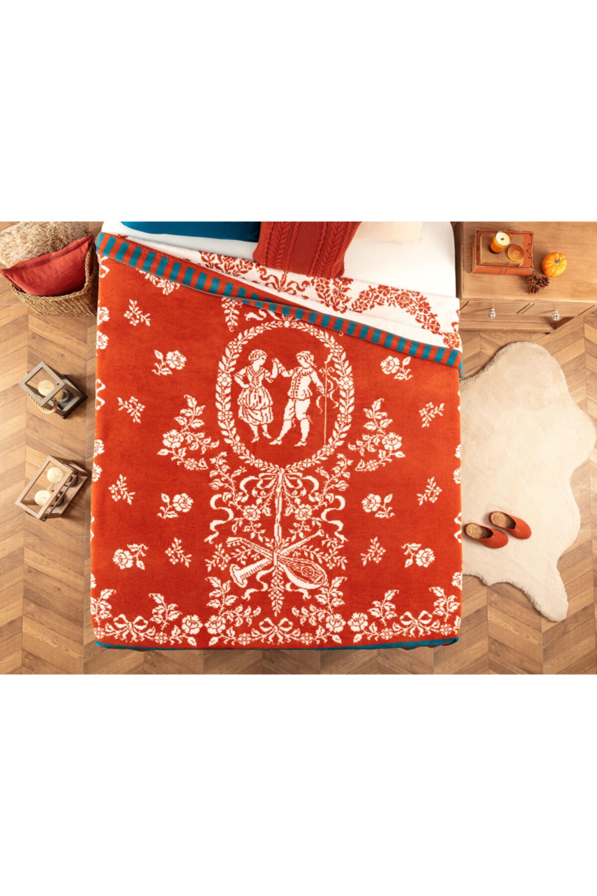 Madame Coco Bogie Çift Kişilik Pamuklu Jakar Battaniye - Turuncu