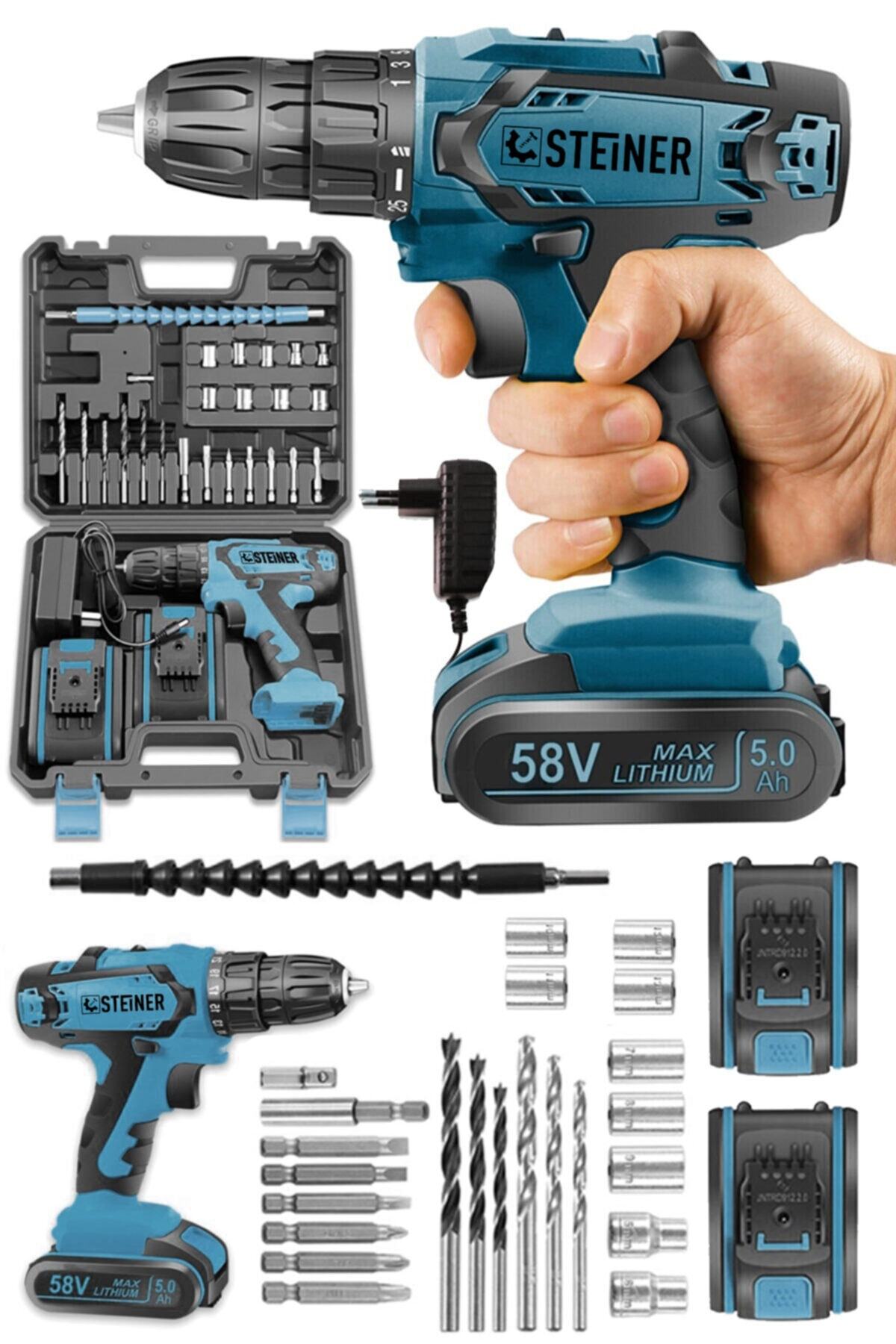 STEİNER Germany Technology Kupfer Darbeli 58 V 5 Ah Çift Akülü Vidalama Matkap Mavi + 24 Parça Set