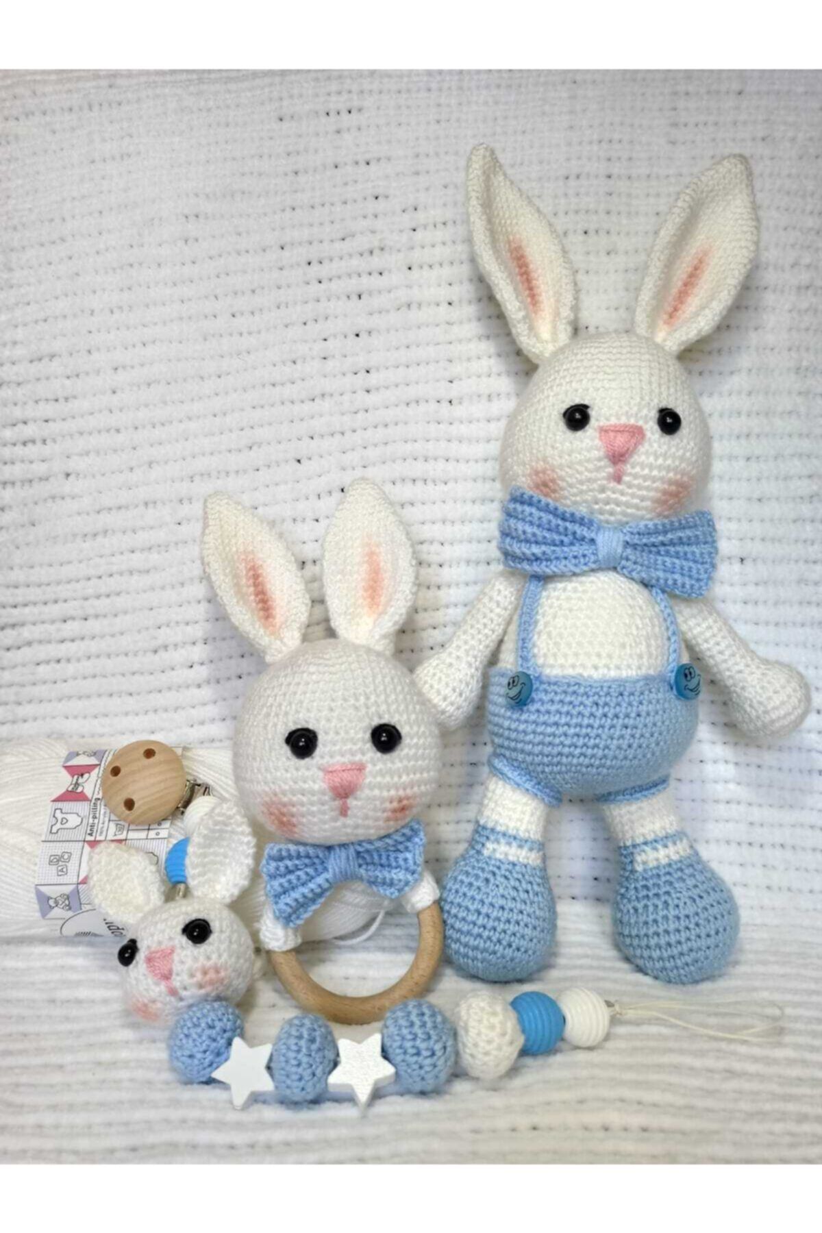 ATAMAN El Örgüsü Tavşan Bebek- Çıngıraklı Diş Kaşıyıcı Ve Emzik Zinciri Amigurumi Seti