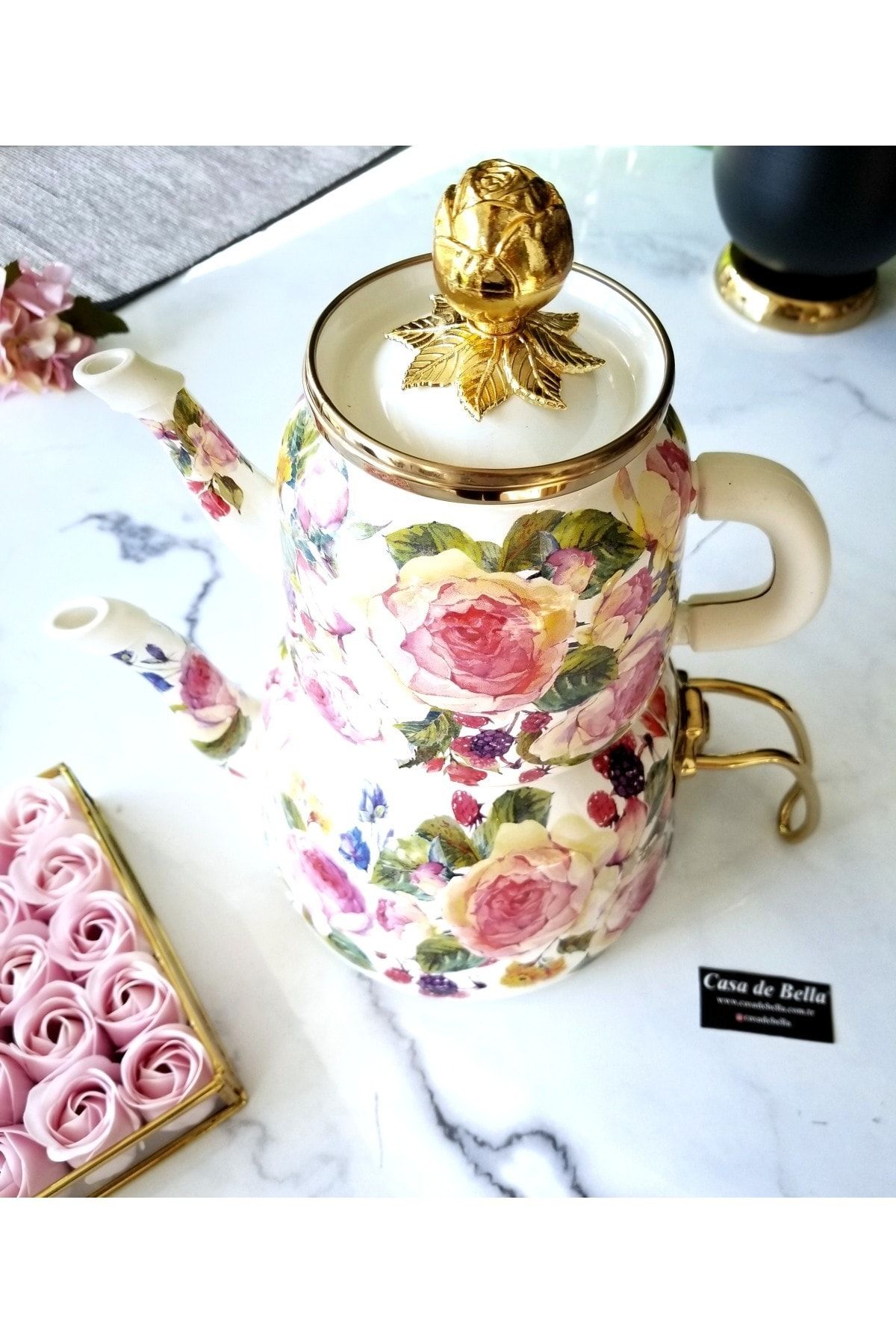 CASA DE BELLA Rose Desenli Büyük Boy Emaye Çaydanlık