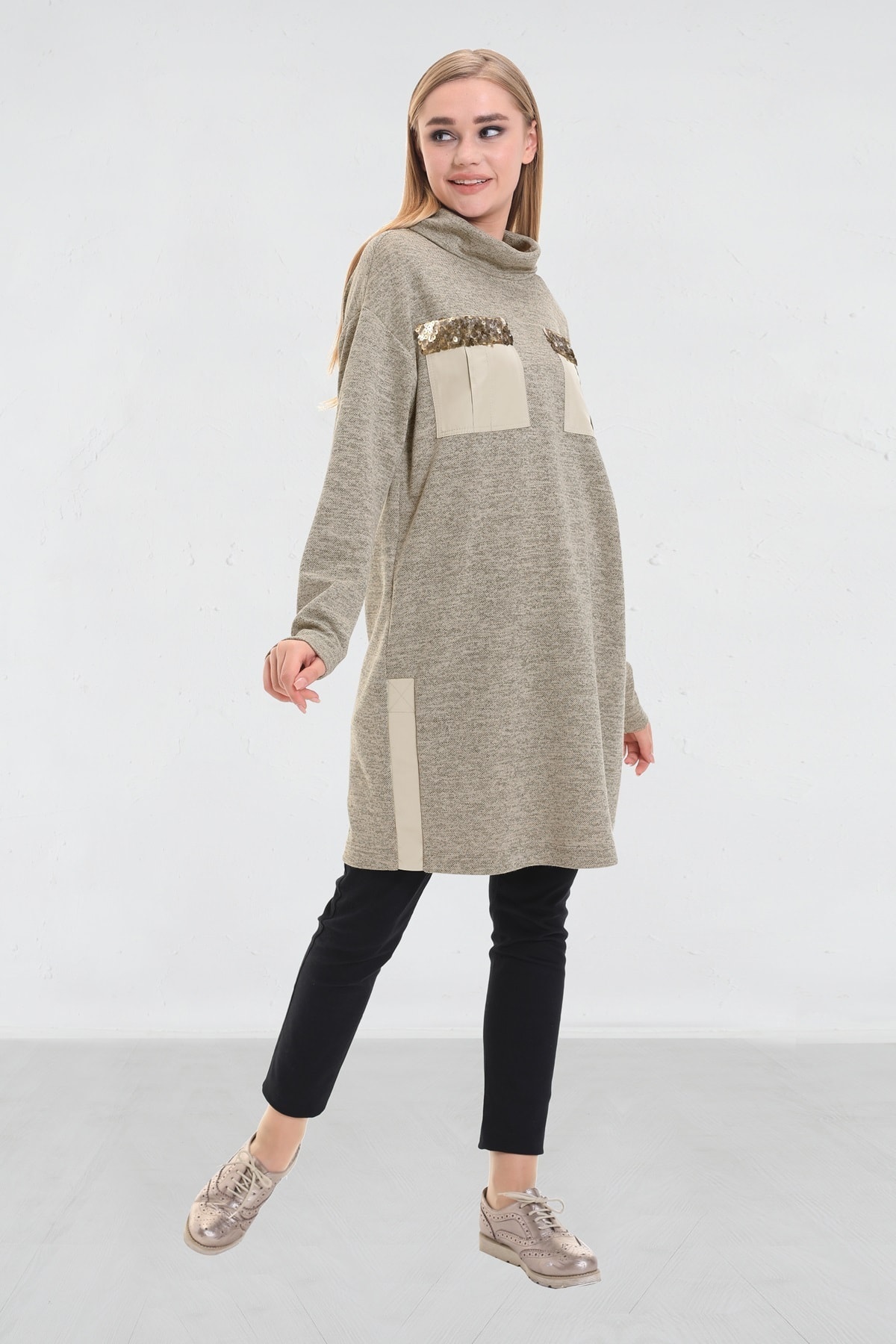 Moodbasic Payetli Triko Tunik Bej