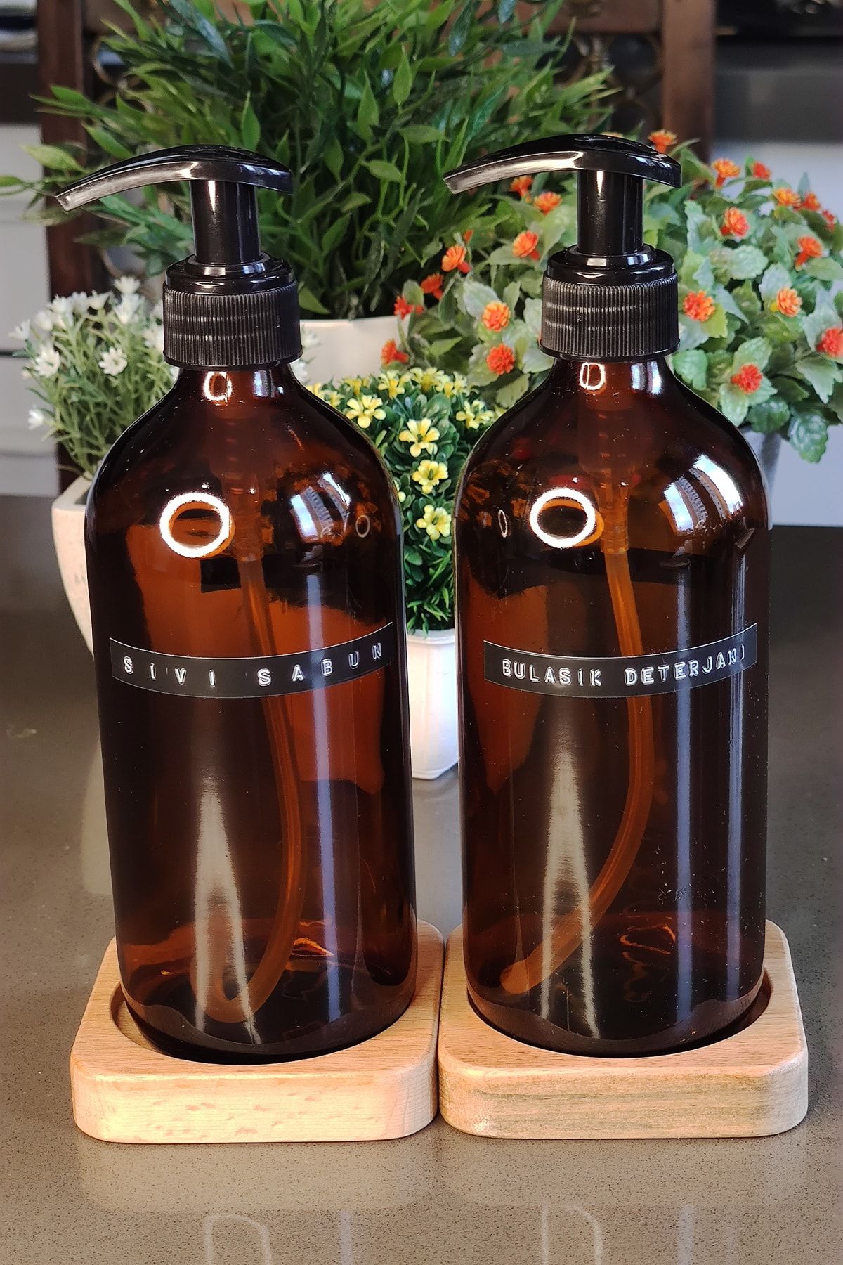 KHAKMA Ahşap Stantlı 2'li Sıvı Sabun Bulaşık Deterjanı Seti 500 Ml Standlı Sabunluk Stantlı Sabunluk