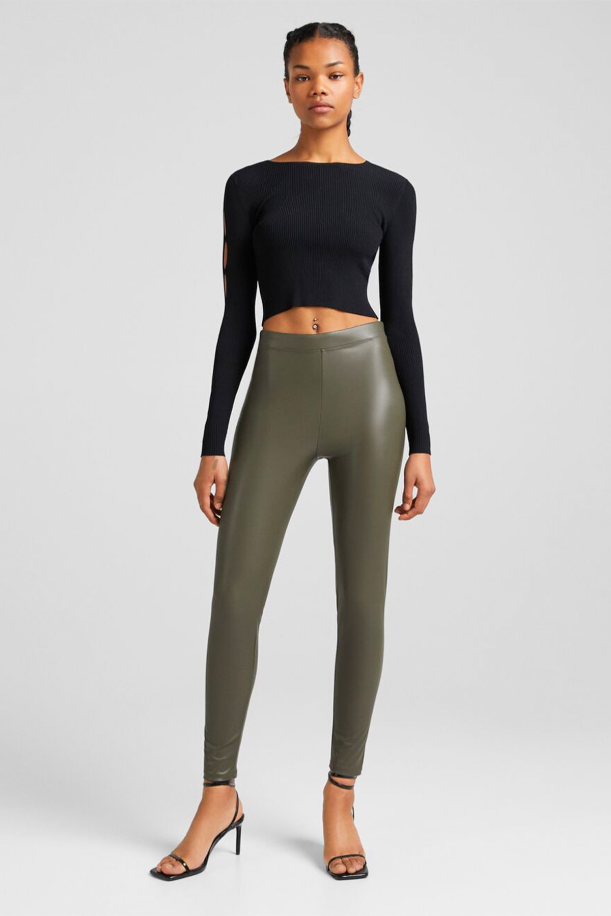 SPİYOZ Haki Içi Kadife Yüksek Bel Toparlayıcı Kışlık Deri Tayt