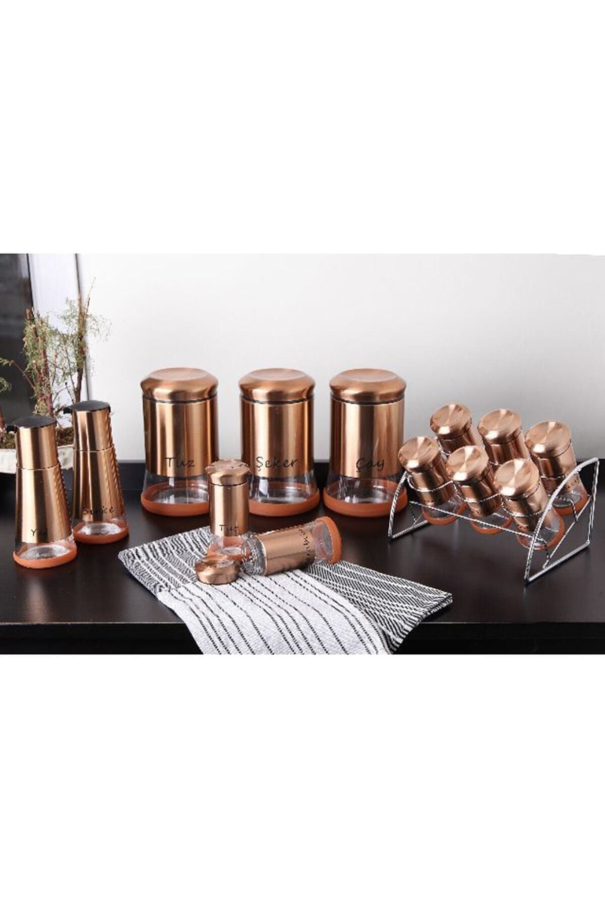GÖNÜL 13 Parça Bronz Metal Cam Baharatlık