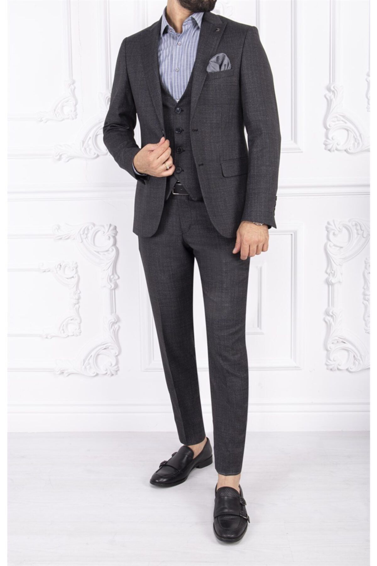 PACO ROMANO Erkek Slim Fit Sivri Yaka Siyah Yelekli Takım Elbise