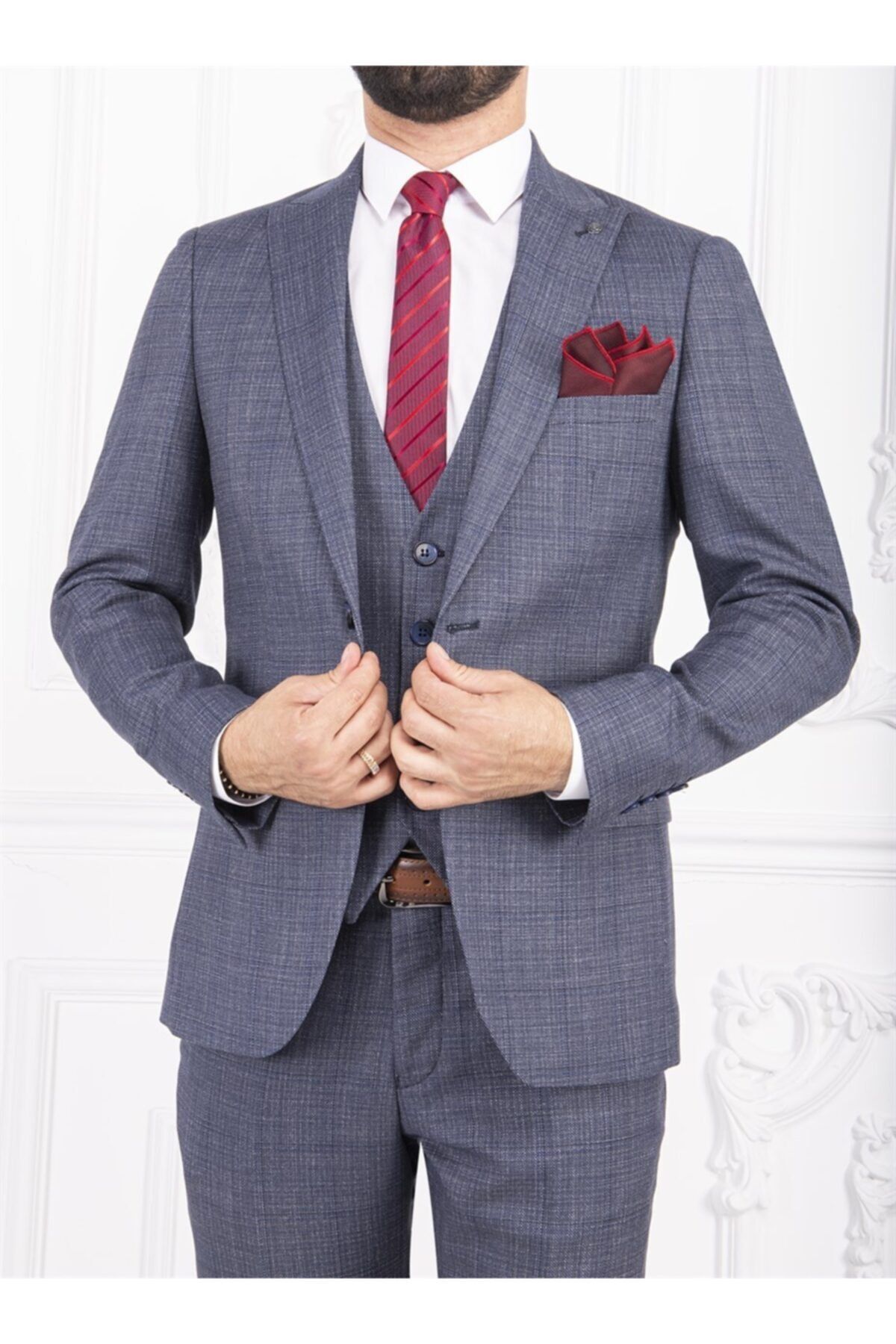 PACO ROMANO Erkek Slim Fit Sivri Yaka Açık Lacivert Yelekli Takım Elbise