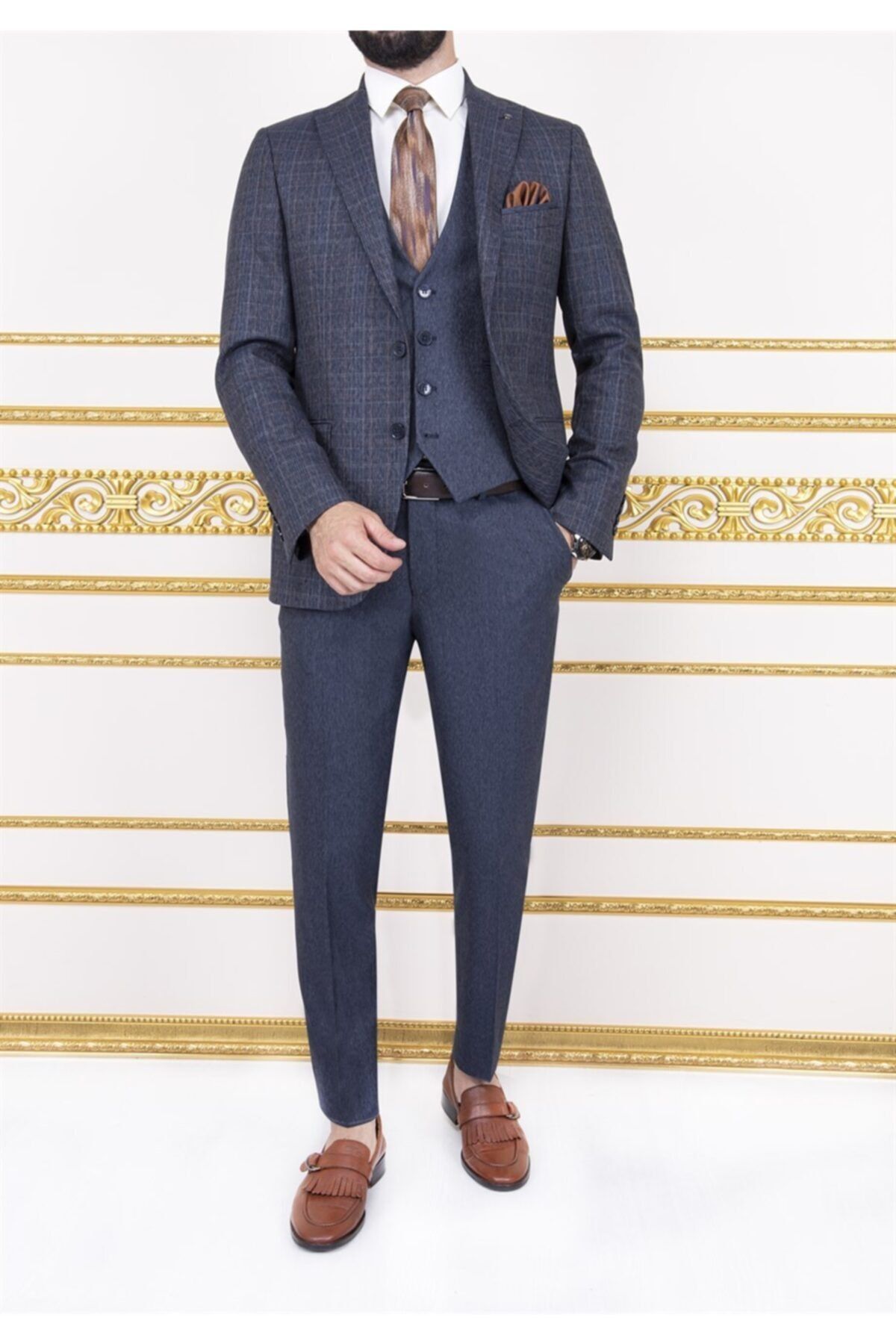 PACO ROMANO Erkek Slim Fit Sivri Yaka Koyu Lacivert Ekose Yelekli Kombin Takım Elbise