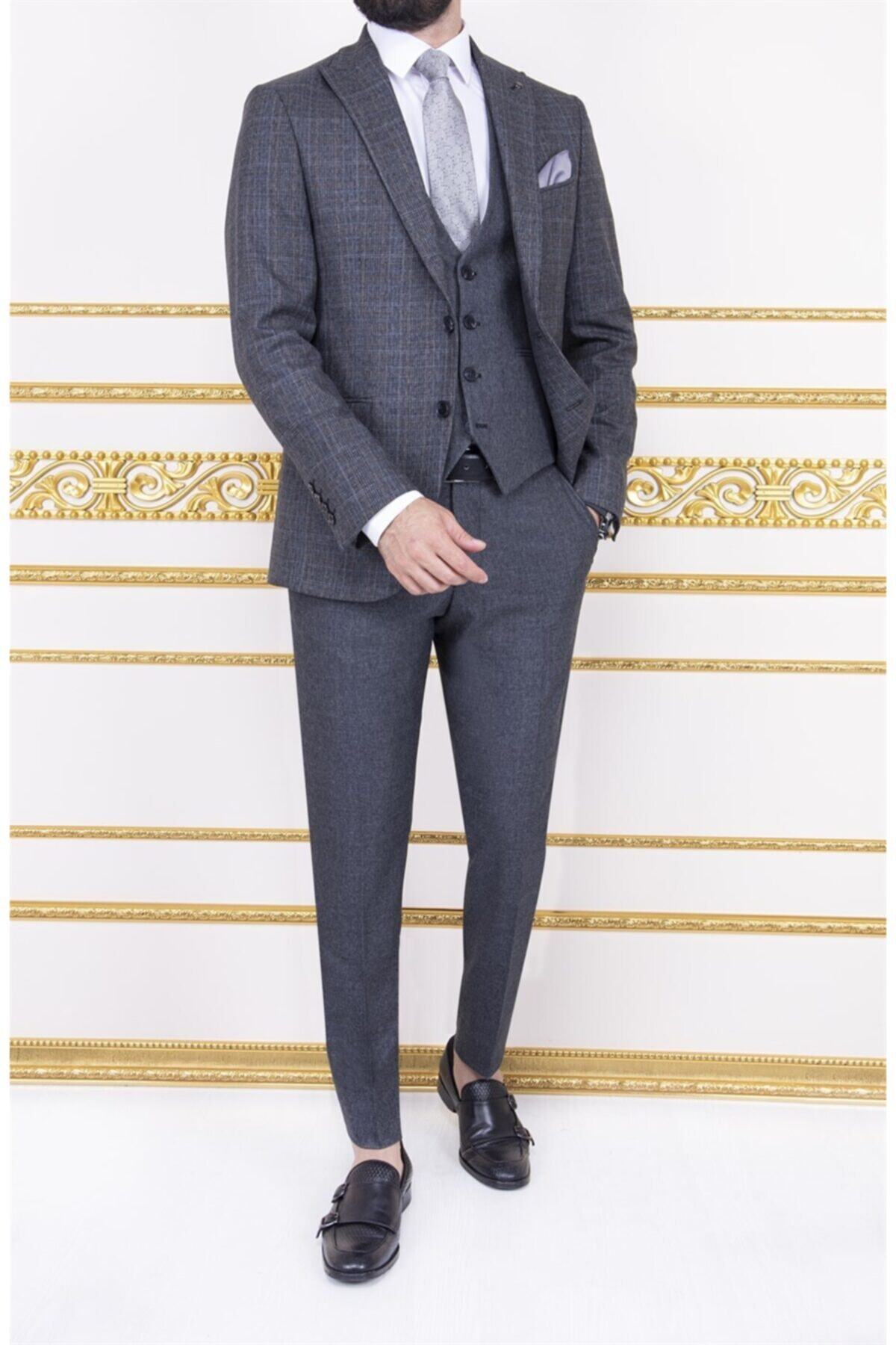 PACO ROMANO Erkek Slim Fit Sivri Yaka Füme Ekose Yelekli Kombin Takım Elbise