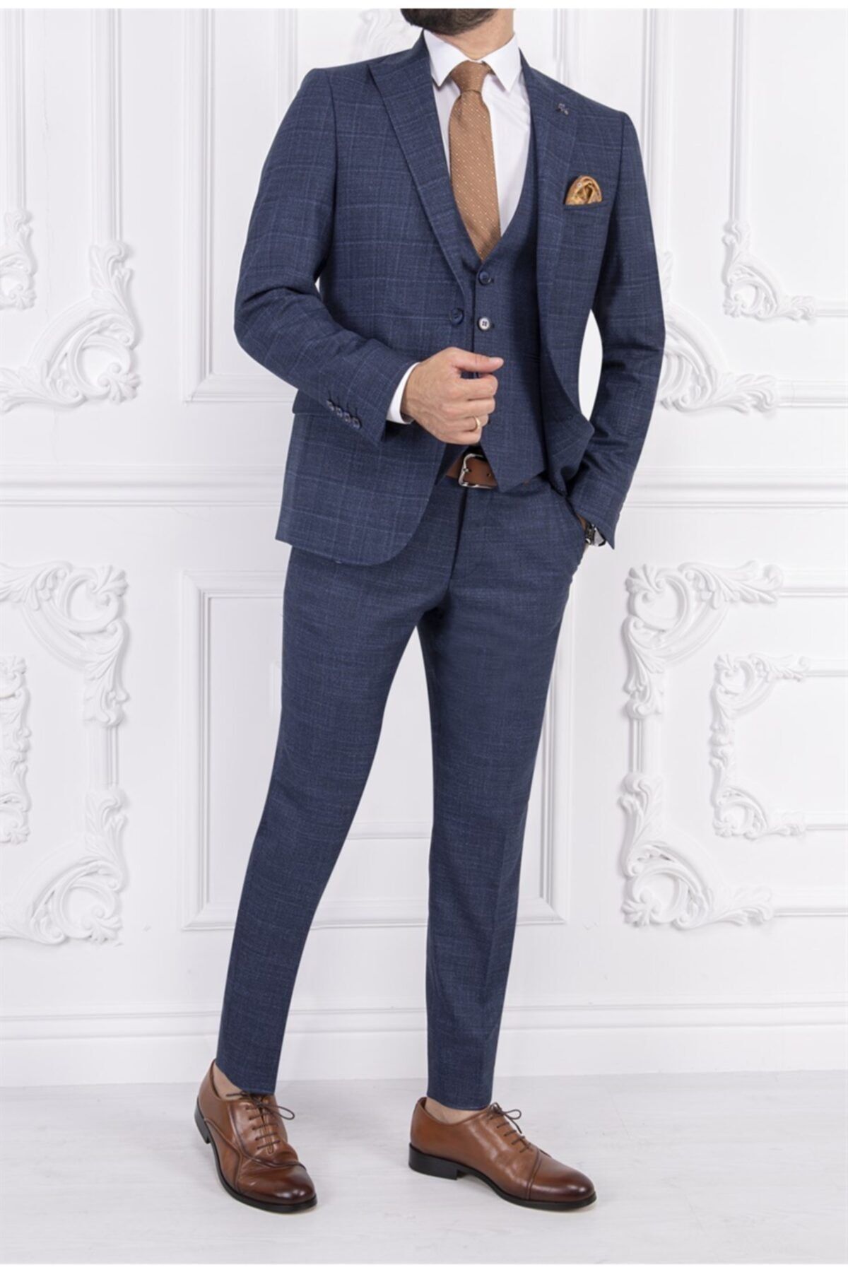 PACO ROMANO Erkek Slim Fit Sivri Yaka Açık Lacivert Ekose Yelekli Kombin Takım Elbise