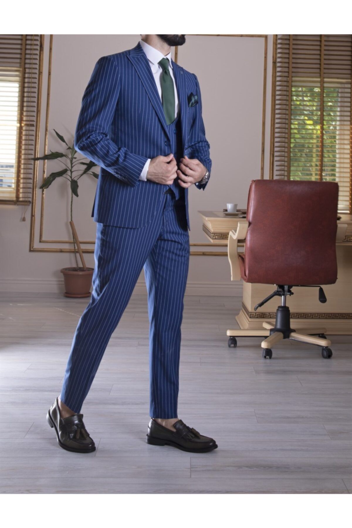 PACO ROMANO Erkek Slim Fit Sivri Yaka Parlament Çizgili Yelekli Takım Elbise