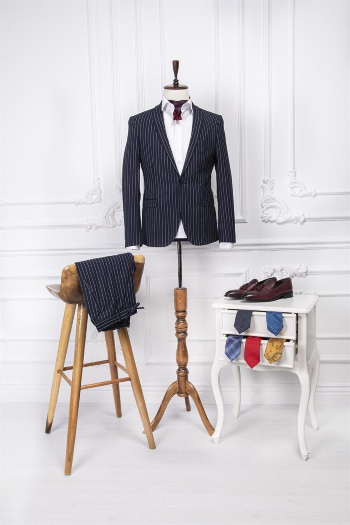 PACO ROMANO Erkek Slim Fit Mono Yaka Lacivert Çizgili Takım Elbise