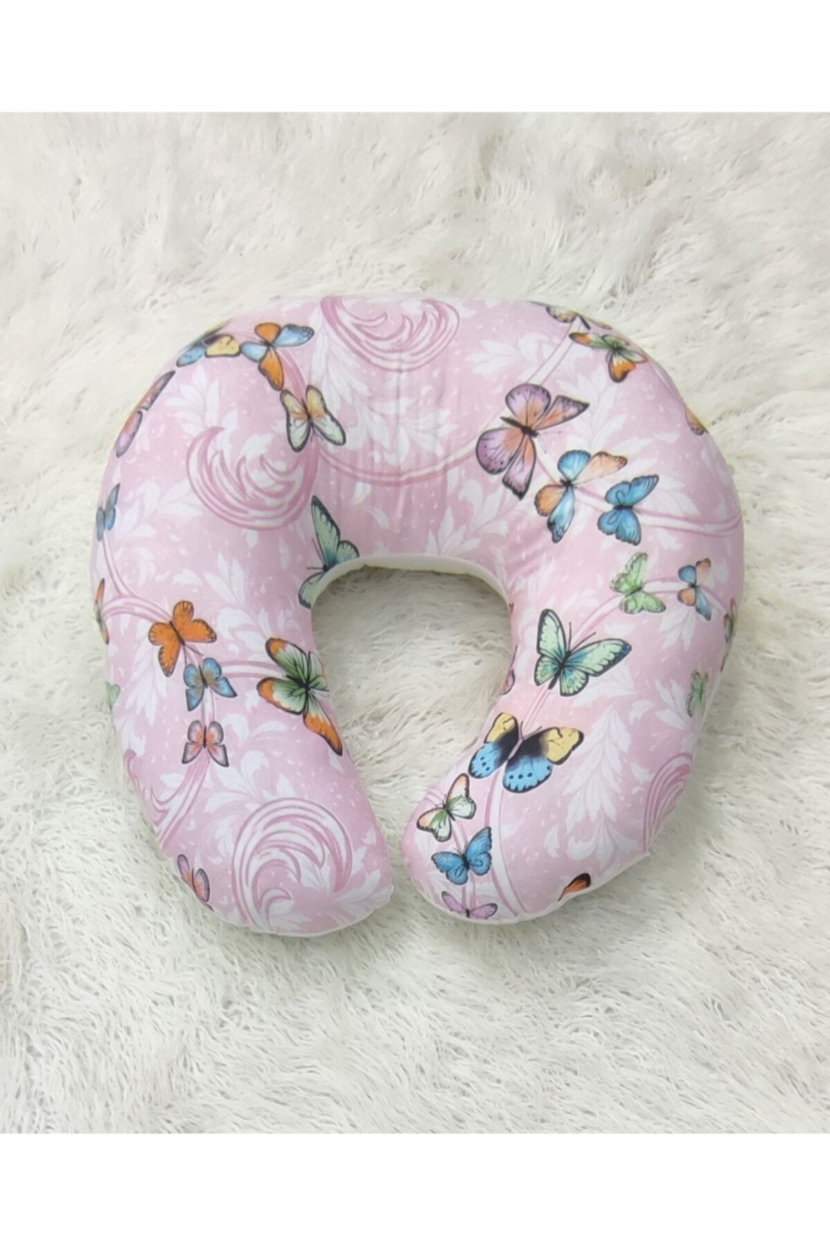 mordesign Çift Taraflı Emzirme Yastığı / Bebek Destek Minderi, %100 Pamuklu Kumaş, Kelebek Desen, Pembe Renk