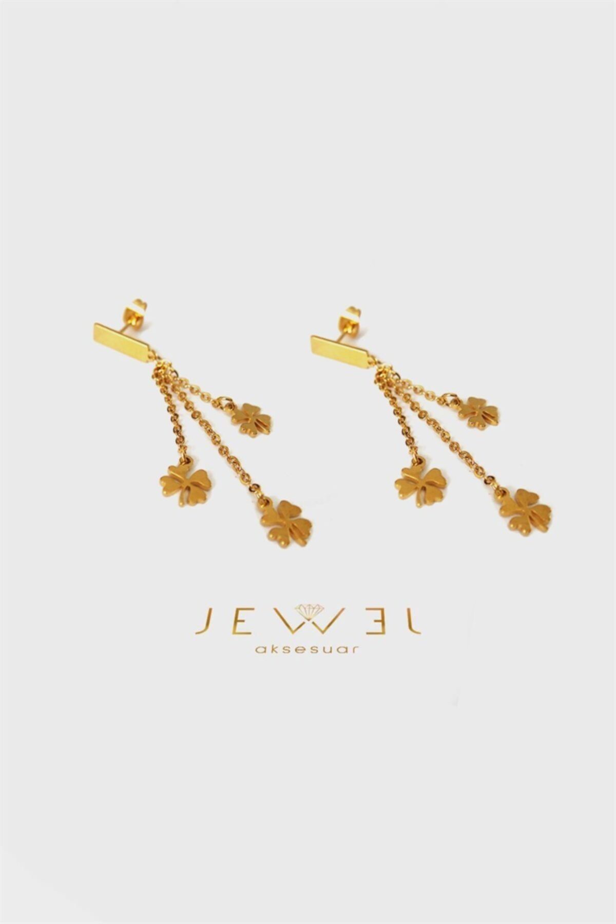 Jewel Üç Sarkıt Yonca Gold Altın Kaplama Küpe