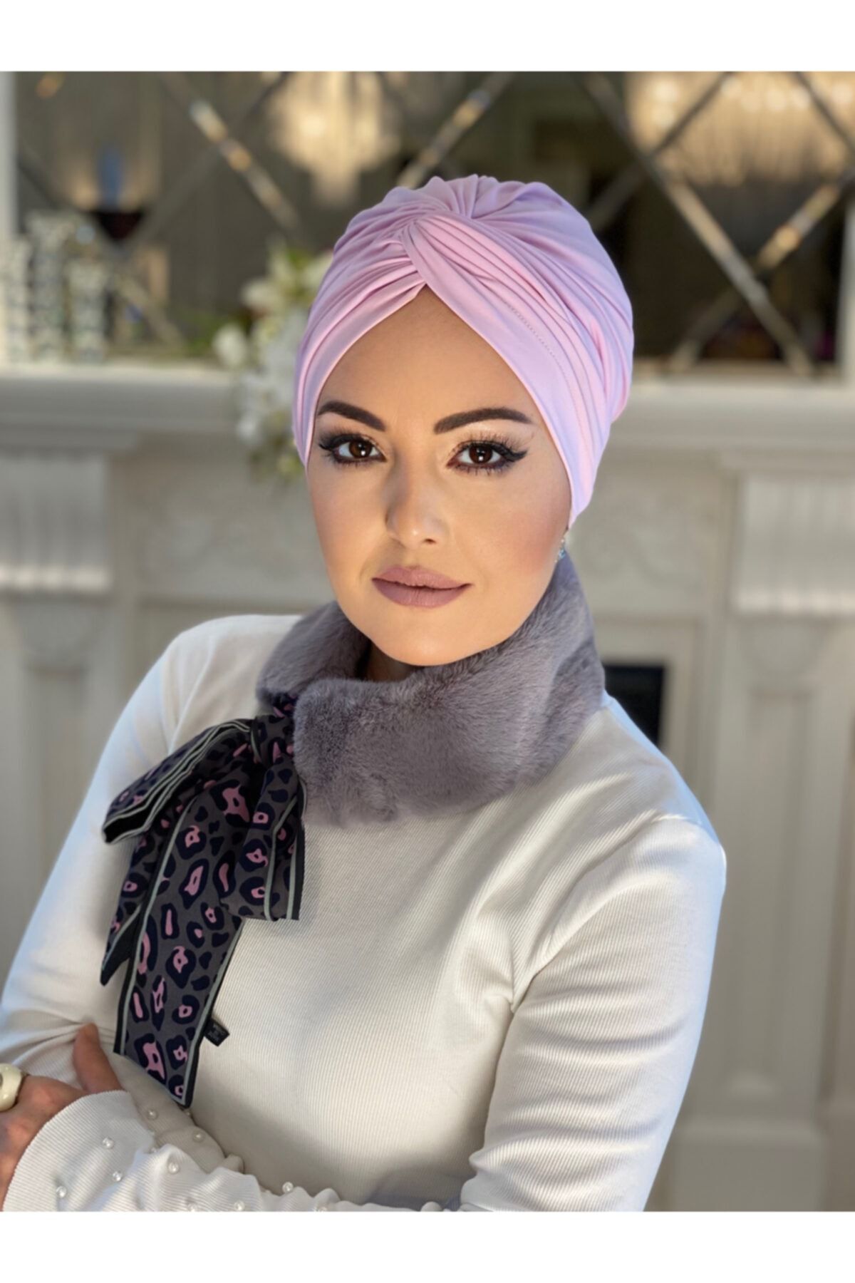 SEZEN ARSLAN Toz Pembe Düğüm Bone&kürk Boyunluk