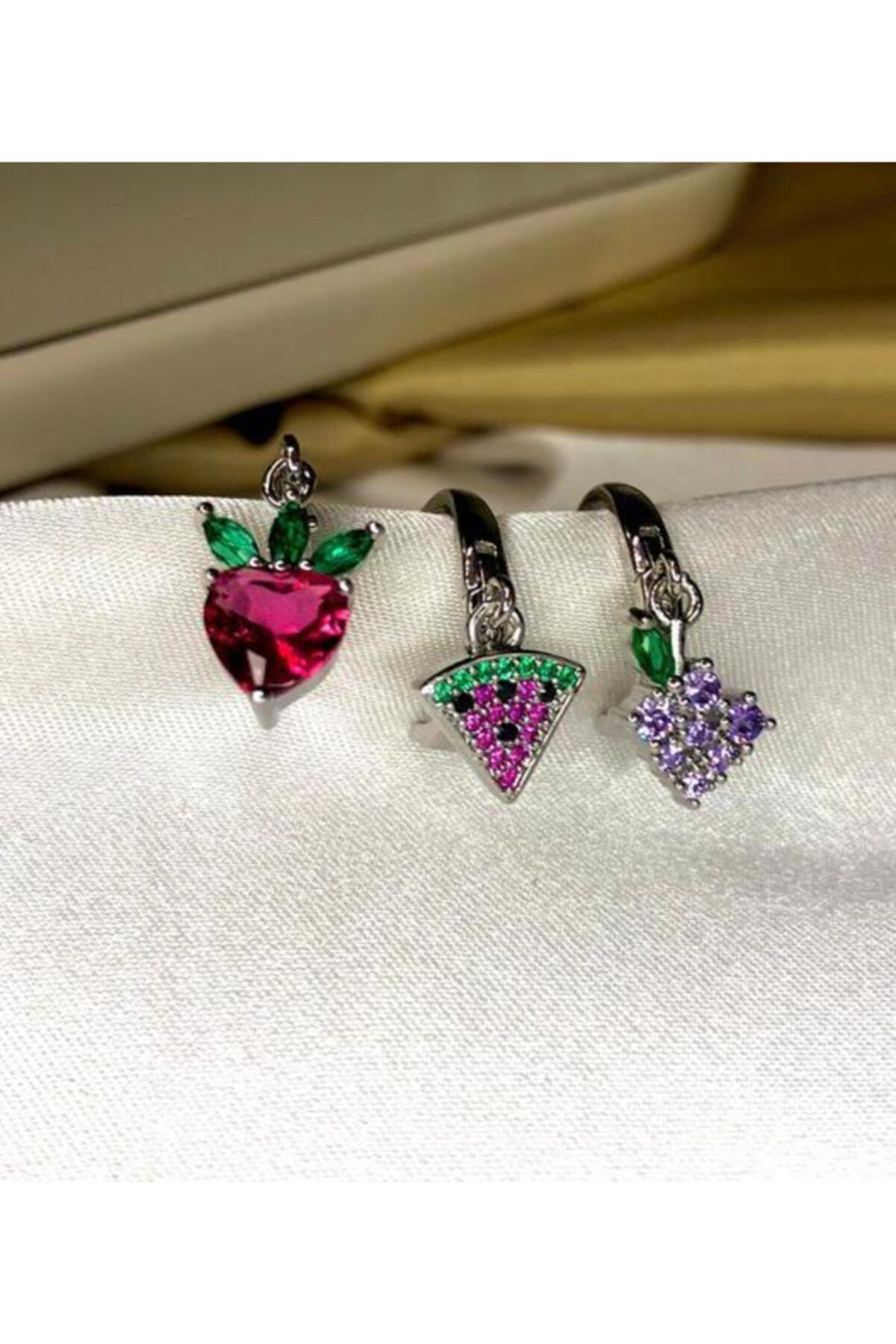 Medusa Jewellery Gold Zirkon Taşlı Meyve Figürlü 3'lü Küpe Seti