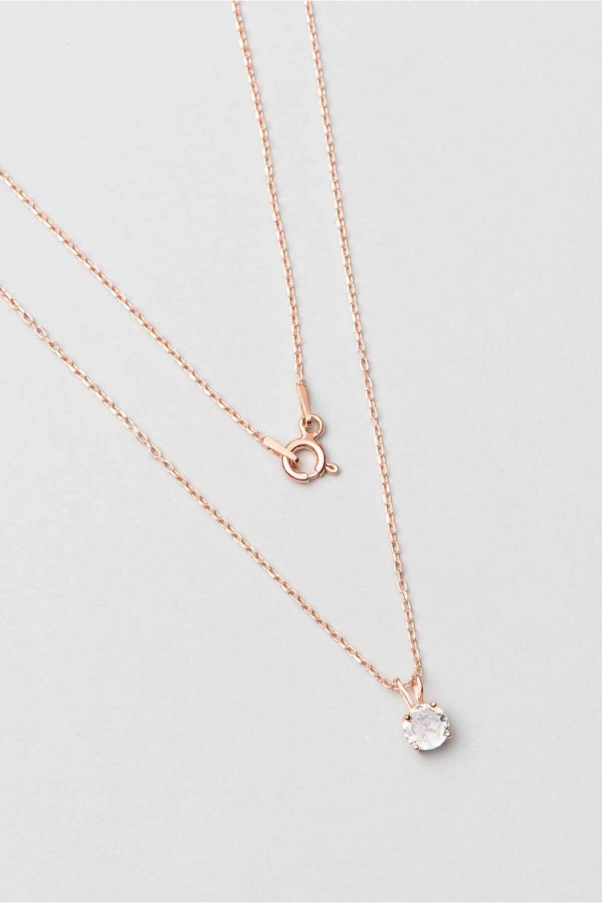 So CHIC... Yuvarlak Kesim 18 Ayar Rose Altın Kaplama 42 Cm Tektaş Gümüş Kolye
