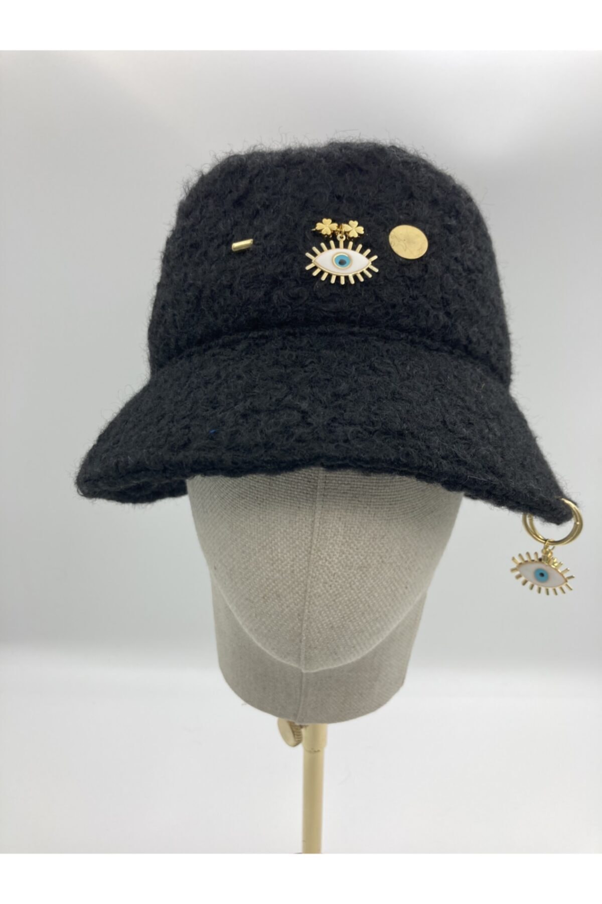 hats designer El Yapımı, Göz Aksesuarlı, Siyah Peluş Kova Şapka
