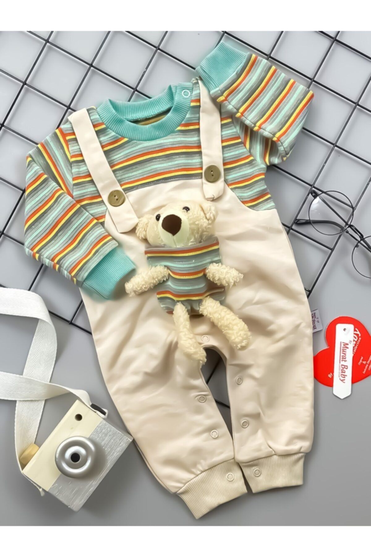 BabyWorldStore Erkek Bebek Oyuncaklı Salopet Çizgili Takım