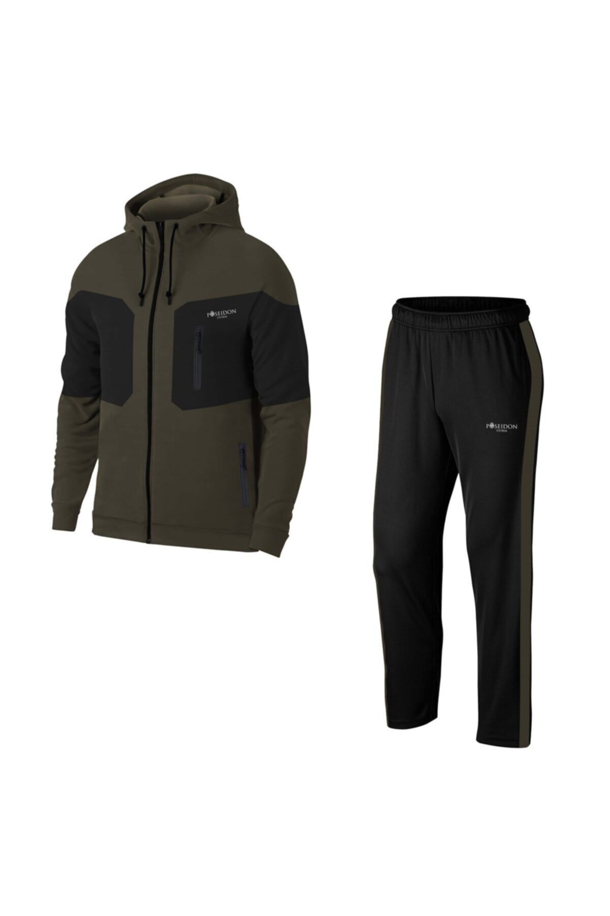 POSEIDONSTORM Büyük Beden Erkek Haki Günlük Sporcu Eşofman Takımı 4xl-10xl - Önü Ve Kolları Parçalı - M14