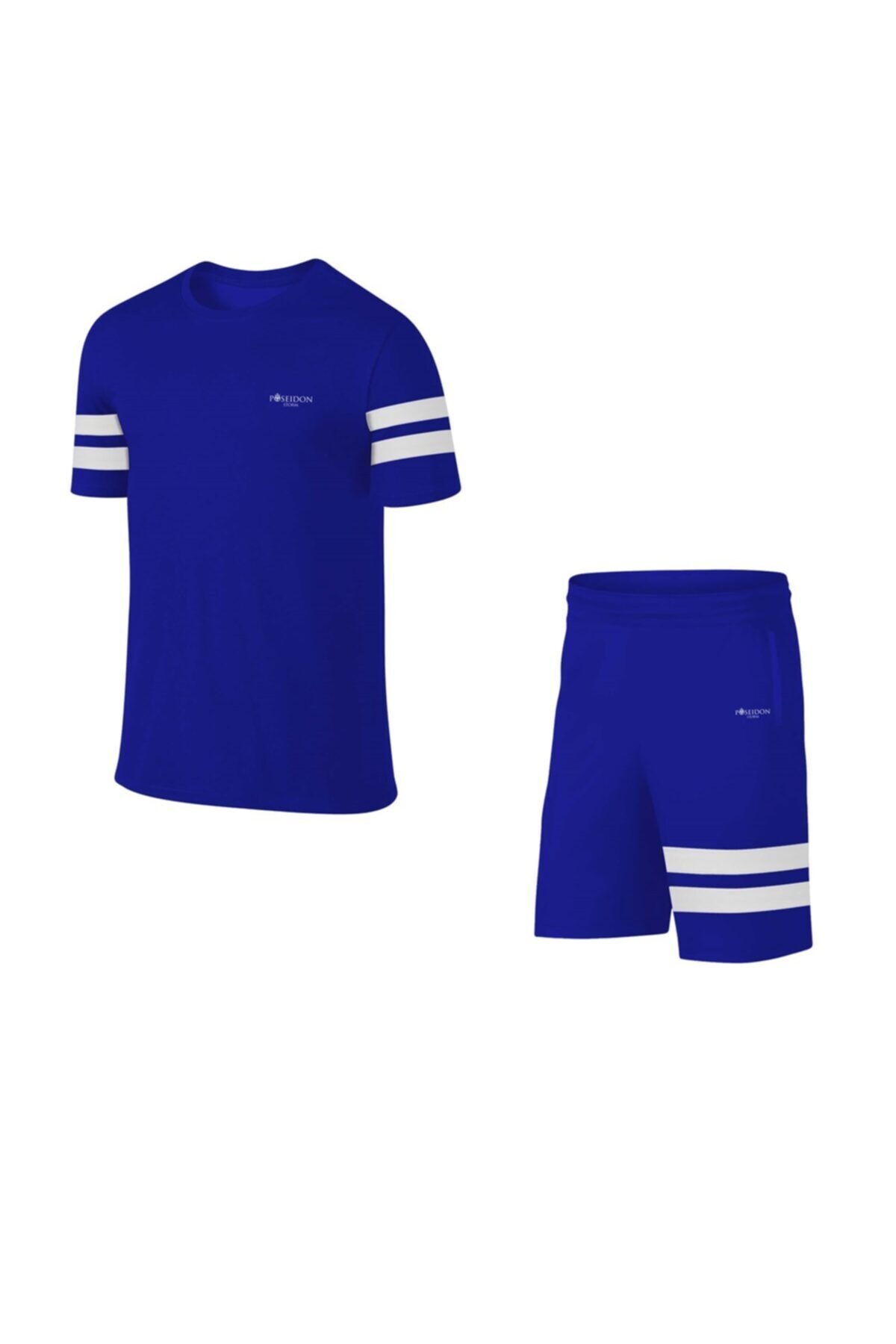 POSEIDONSTORM Büyük Beden Erkek Mavi Günlük Sporcu Tişört Ve Şort Takımı 4xl-10xl - Siyah Iki Bant - Md4