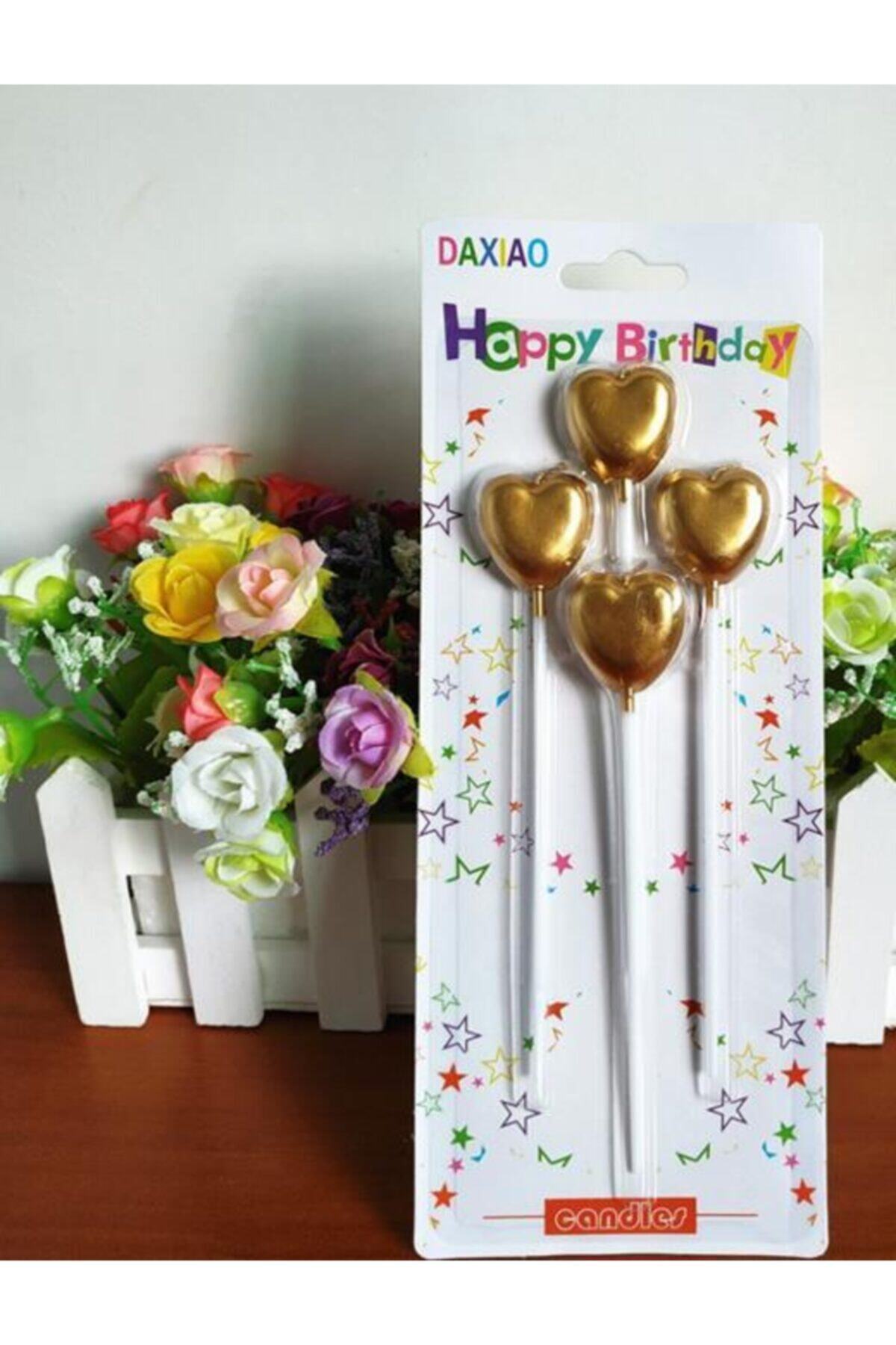 Modus Shop Çubuklu Metalize Kalp Mum Doğum Günü Mumu Gold 4 Adet