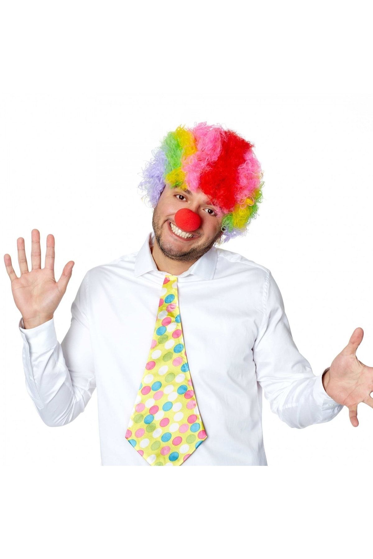 NO.8 HOUSE Rengarenk Kıvırcık Afro Bonus Peruk 110 gr Ve Kırmızı Burun Seti