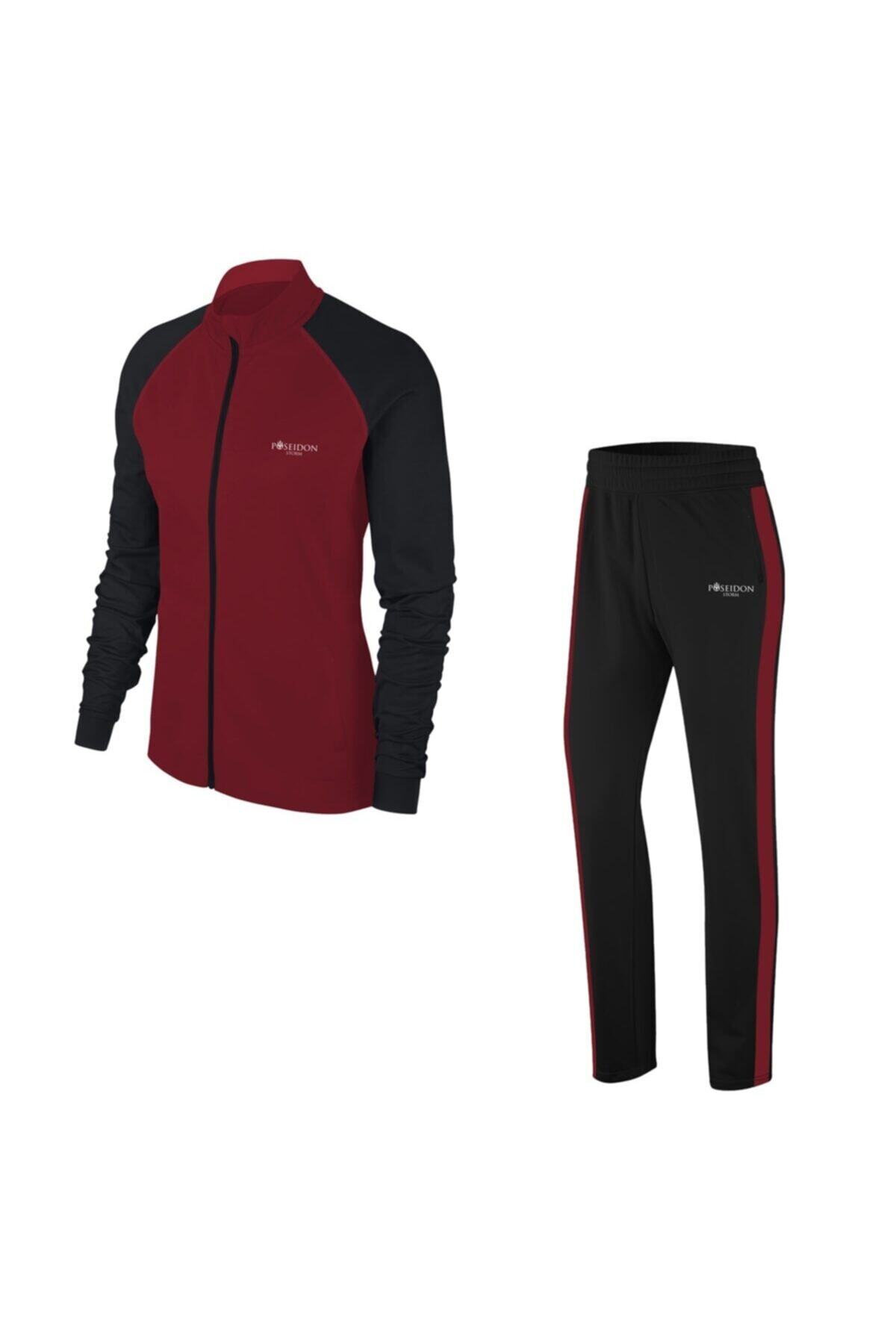 POSEIDONSTORM Büyük Beden Kadın Bordo Günlük Sporcu Eşofman Takımı 4xl-8xl - Kolları Siyah - M6