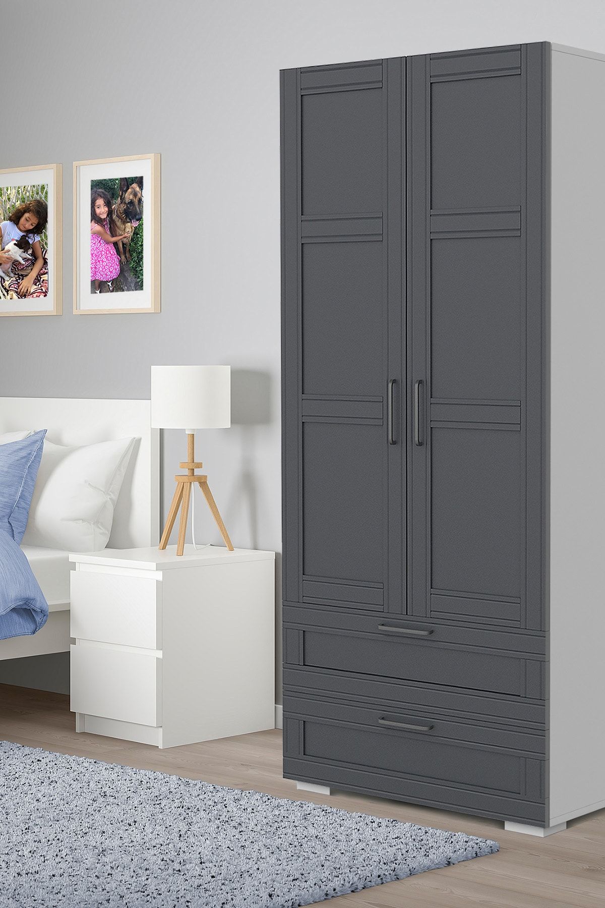 DEKOREX Mnt-217-beyaz/antrasit -2 Kapaklı 2 Çekmeceli Gardırop