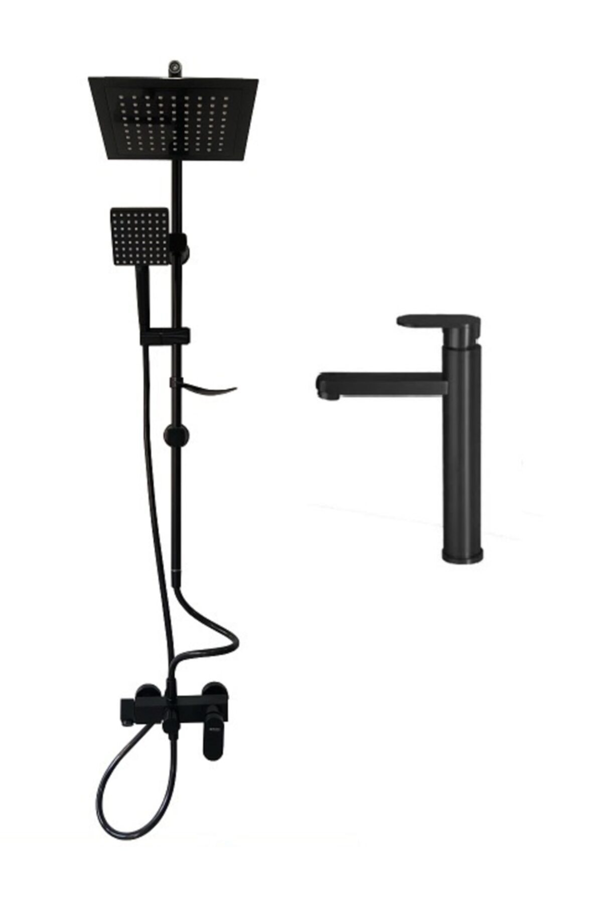 Rudi Siyah Çanak Lavabo&banyo Bataryası & Siyah Robot Duş Seti - 604b3