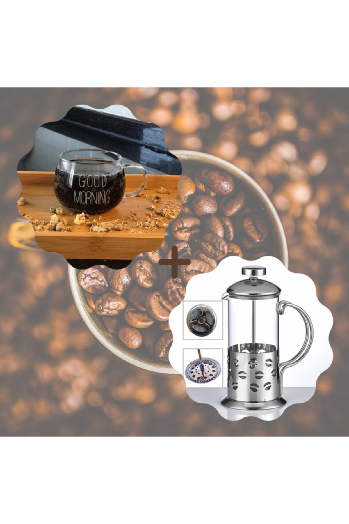 ANADOLU AVM 350ml French Press Ve 400ml Borosilikat Cam Good Morning Bardak 2'li Bitki Çayı Seti