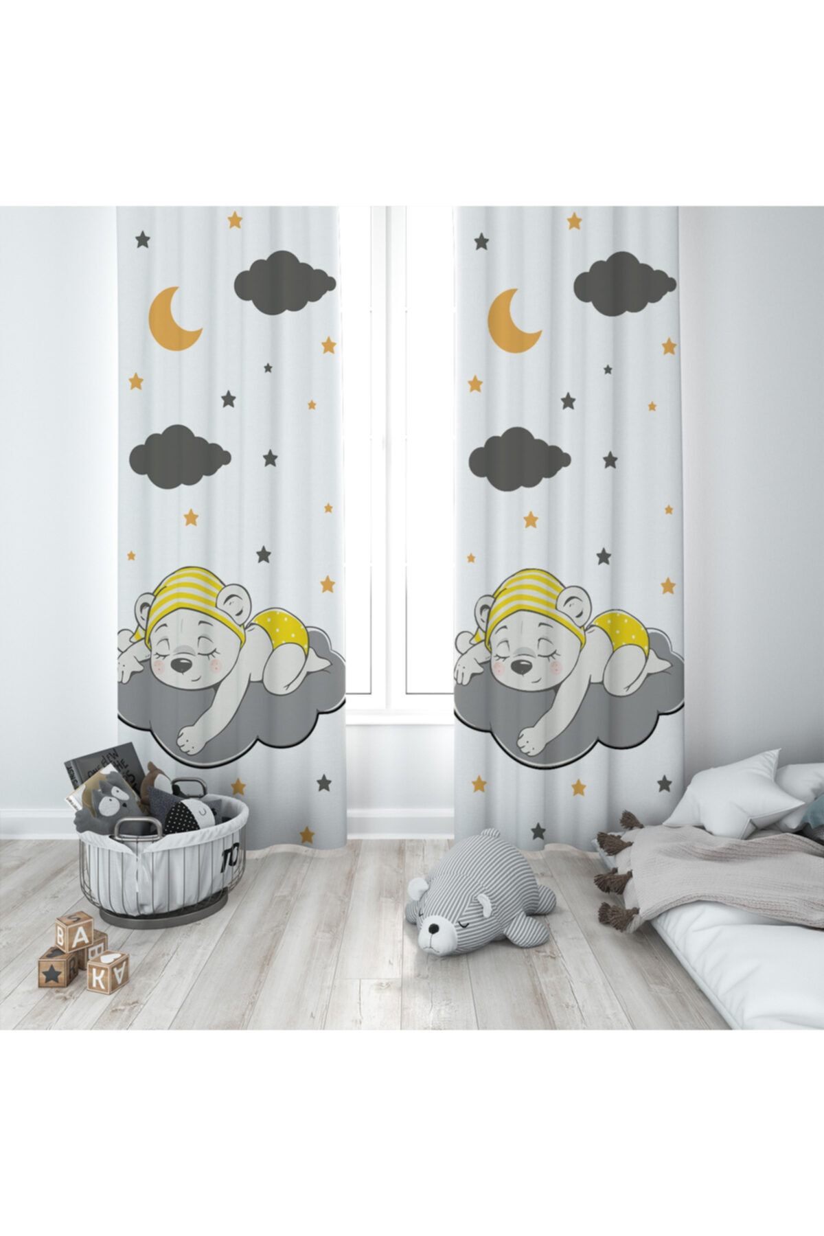 BMK's STORE Bebek Ve Çocuk Odası Uyuyan Bulutlu Ayıcık Fon Perde -081