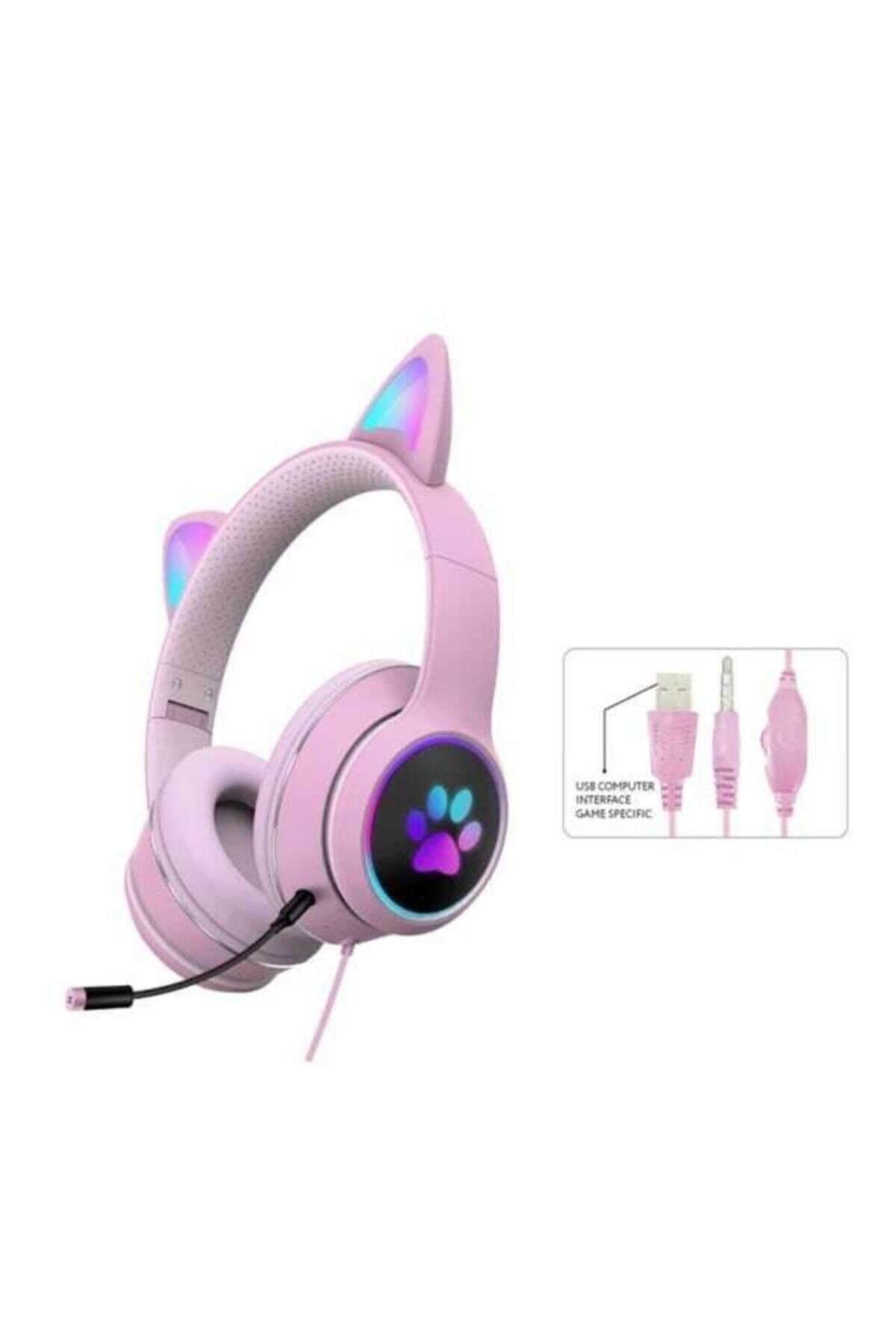 Butfulake Parlayan Işık Sevimli Kedi Kablolu Kulaklık Katlanabilir Led Kulaklık Stereo Müzik Kulaklık