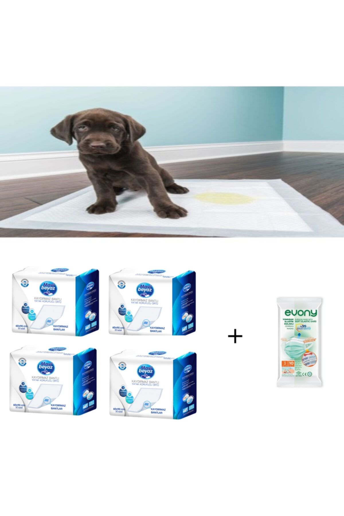 Mavi beyaz Kaydırmaz Bantlı Köpek Tuvalet Çiş Pedi 60x90 4 Paket 120 Adet (MASKE HEDİYELİ)
