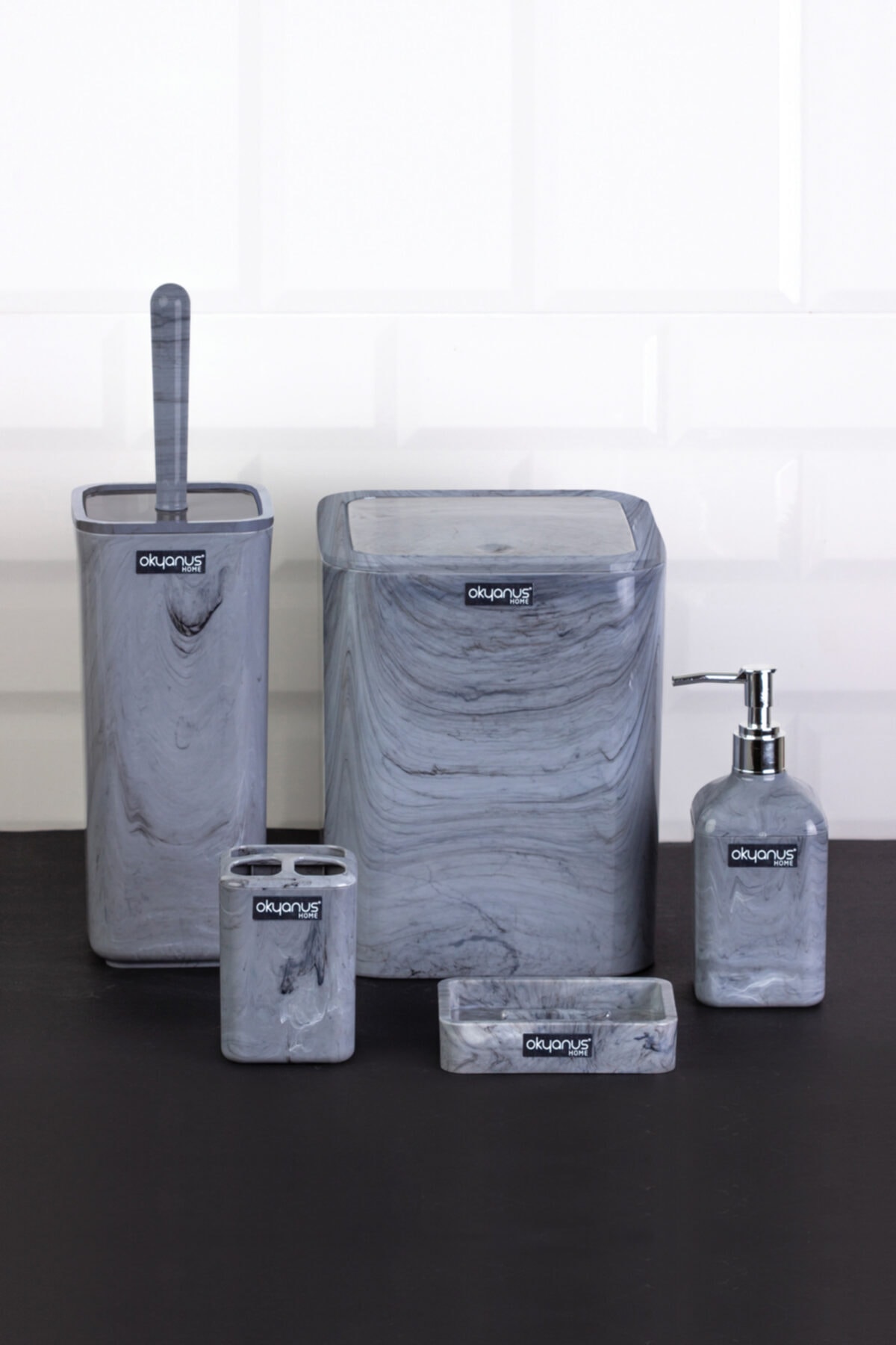 Okyanus Home Kare Mermer Desenli 5'li Banyo Seti