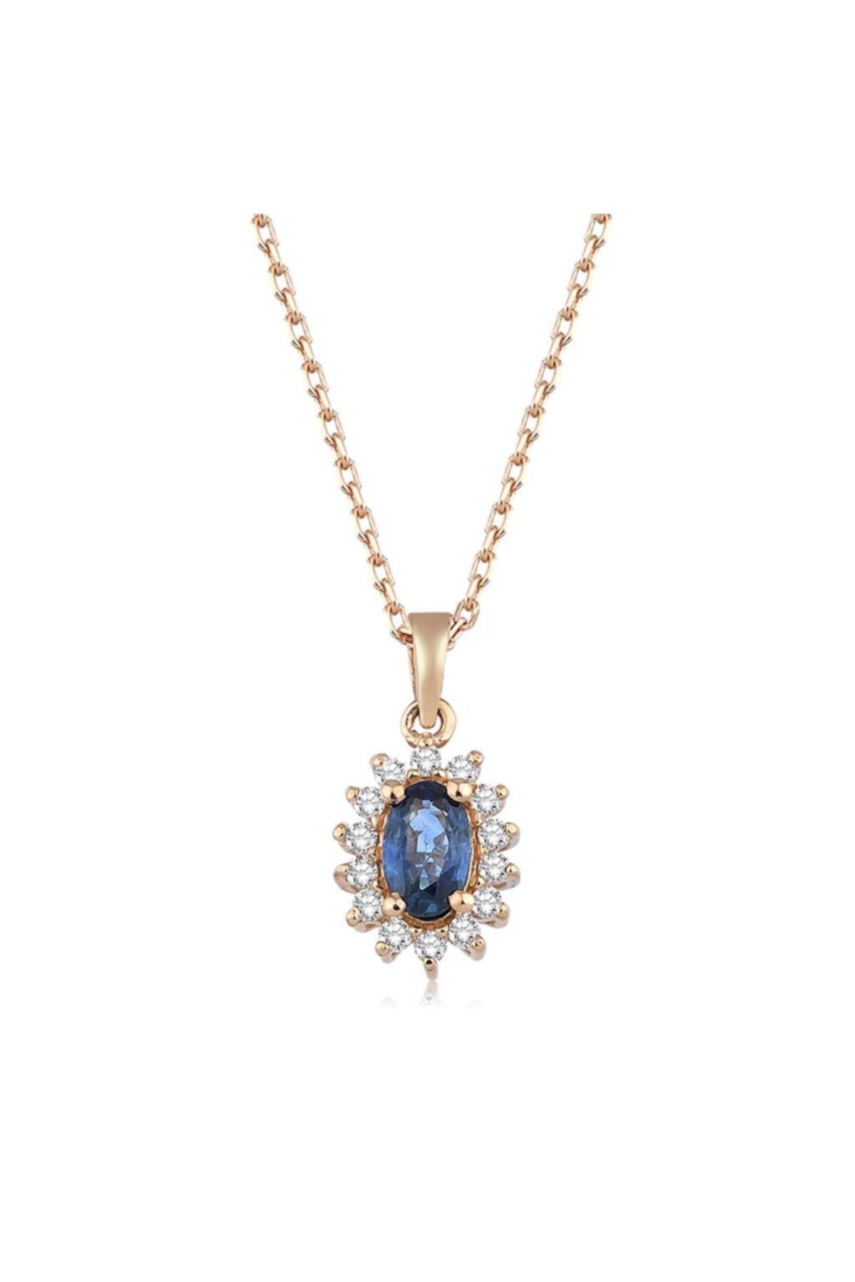 Iryum 0.10 Karat Pırlanta, 0.32 Karat Oval Safir Kolye Pn1691a