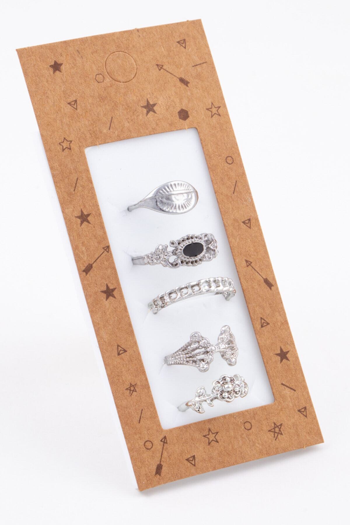 Alina Çiçek Figürlü Mine Taş Detaylı 5'li Set Kombin Yüzük Gümüş Rengi