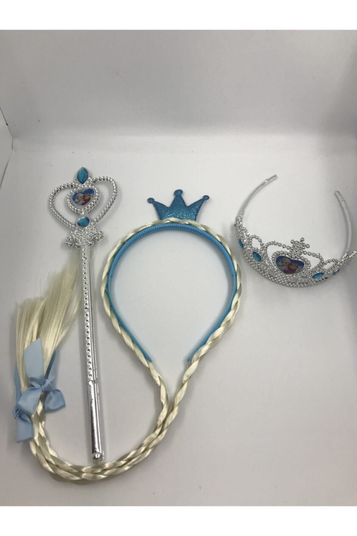 HOMETAŞ AKSESUAR Karlar Ülkesi Frozen Elsa Taç Örgü Taçlı Saç Asa Seti
